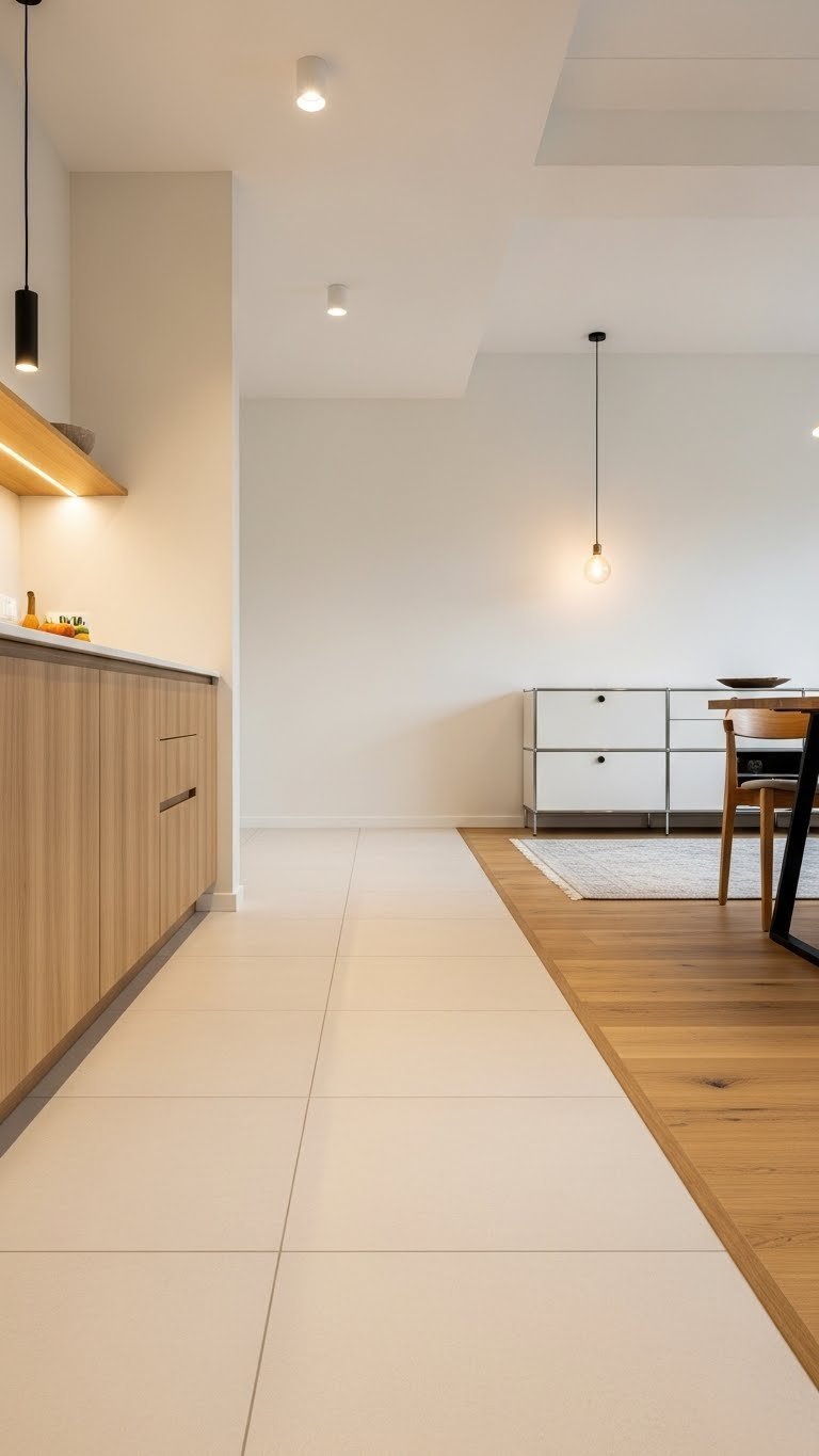 Modern open kitchen and living room with seamless matte vitrified tile flooring, pendant lights, minimalist modular cabinetry, warm creams, and natural woods.