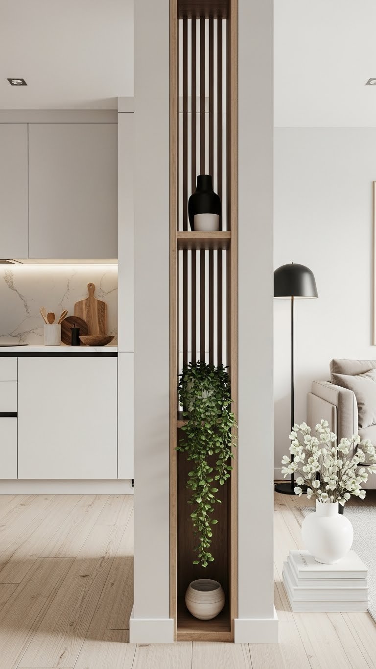 Modern open kitchen living room with vertical wood slat room divider, sleek hidden cabinetry, neutral sofa, light wood floor, green plant.