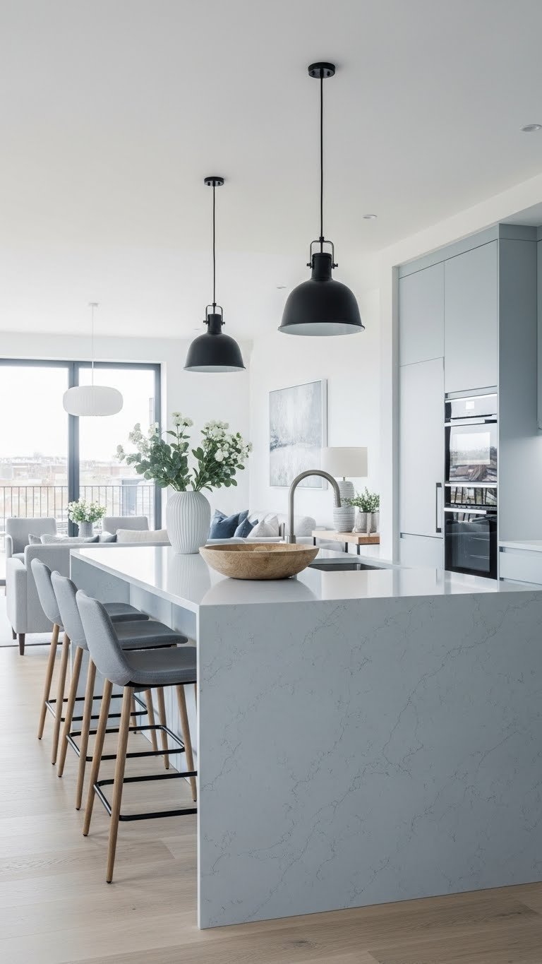 Modern open kitchen living room. Waterfall island, quartz, stools. Blues, whites, light woods. Fresh, clean aesthetic.