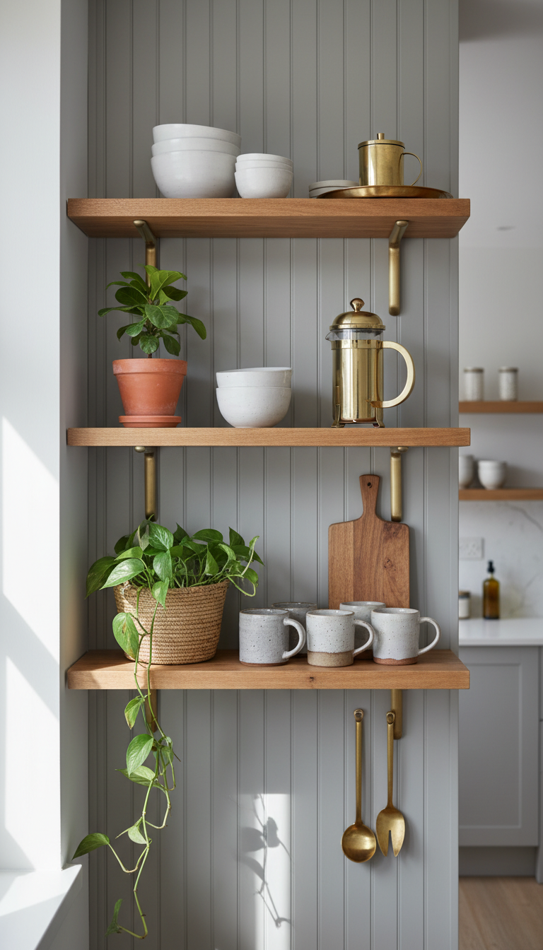 Modern open kitchen shelving, painted fluted paneling, white ceramics, indoor plants, brass accents, bright daylight, ribbed texture, elegant decor.