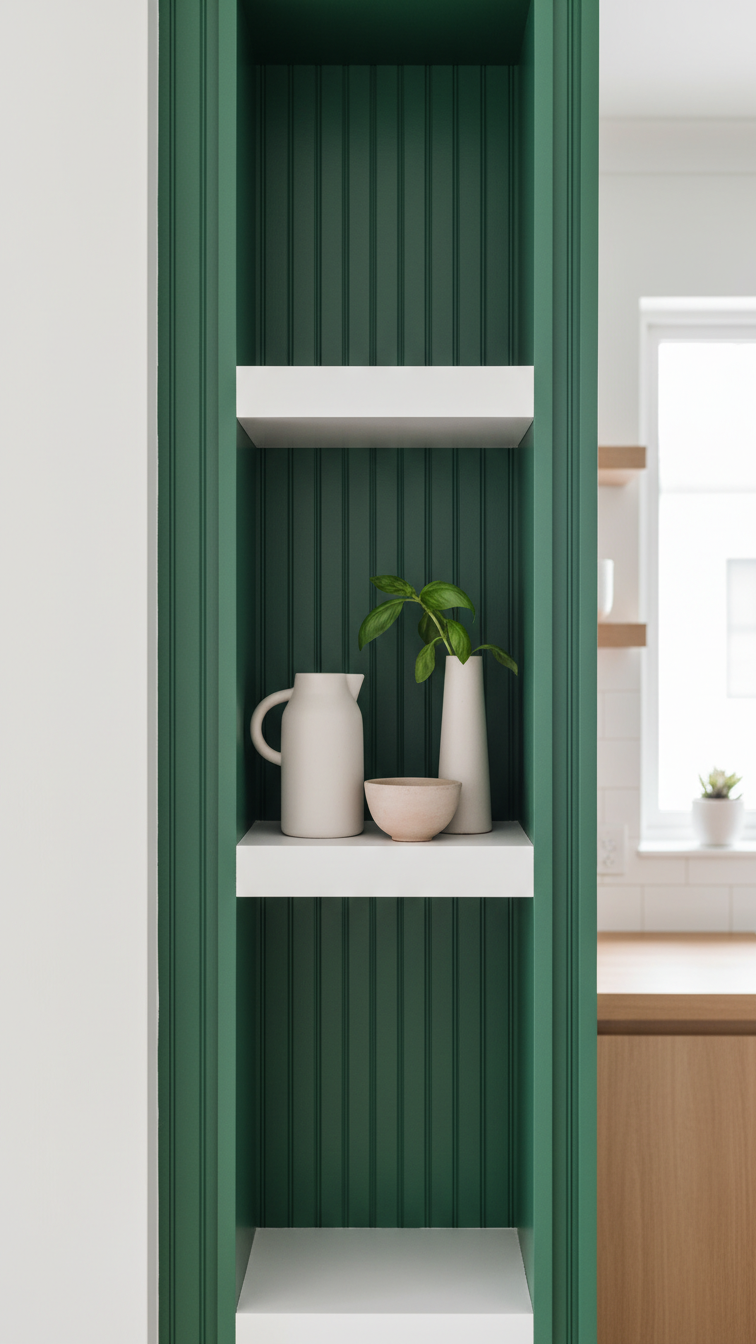 Modern Kitchen Design Fluted Details: 7 Ways To Add Texture 11 Modern open kitchen shelving with a forest green fluted back panel in a wall niche, displaying minimalist pottery and a potted herb.
