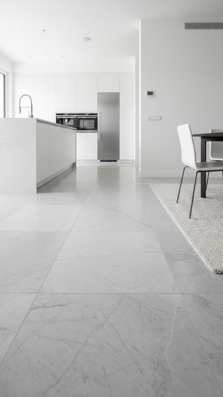 Modern open-plan kitchen, large light gray marble floor tiles flow into dining. White walls, stainless appliances.