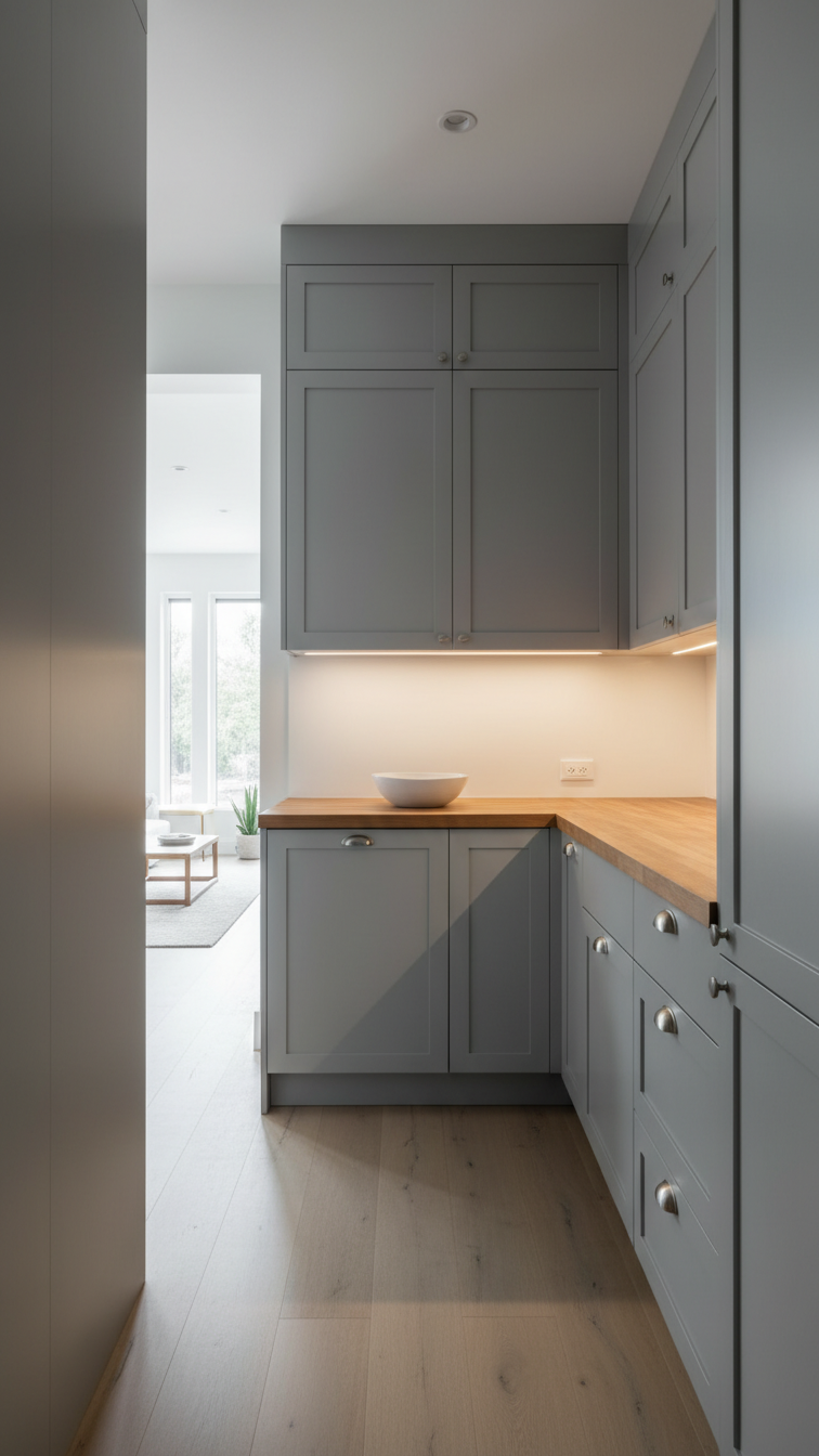 Modern, organized butler's pantry with linear gray cabinetry, butcher block countertop, and hidden LED lighting. Efficient kitchen storage solutions.