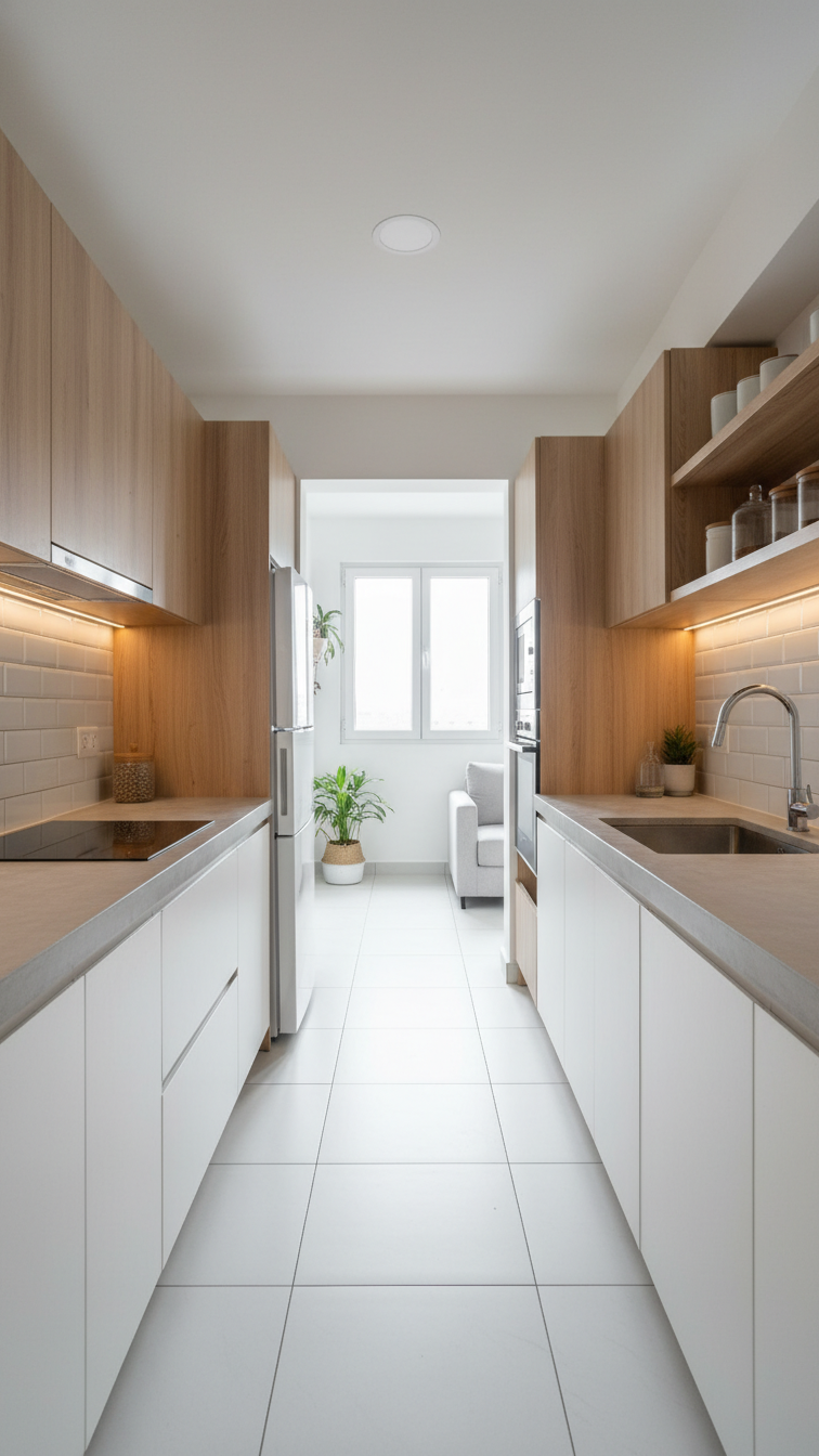 Modern parallel kitchen layout in small Indian apartment. Sleek handle-less modular cabinets, bright lighting, white tiles, integrated space.
