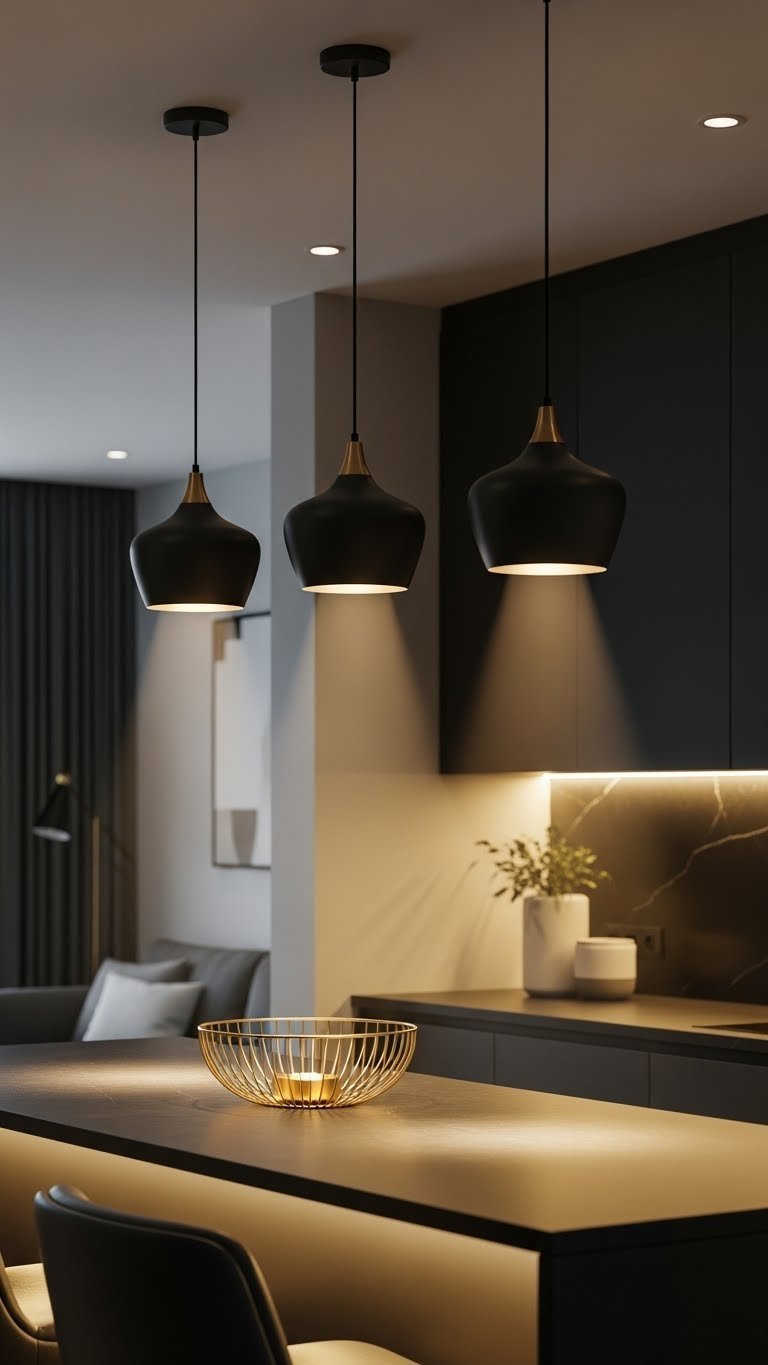 Modern pendant lights illuminate a sleek kitchen island, creating an elegant focal point and task lighting in an open concept home.
