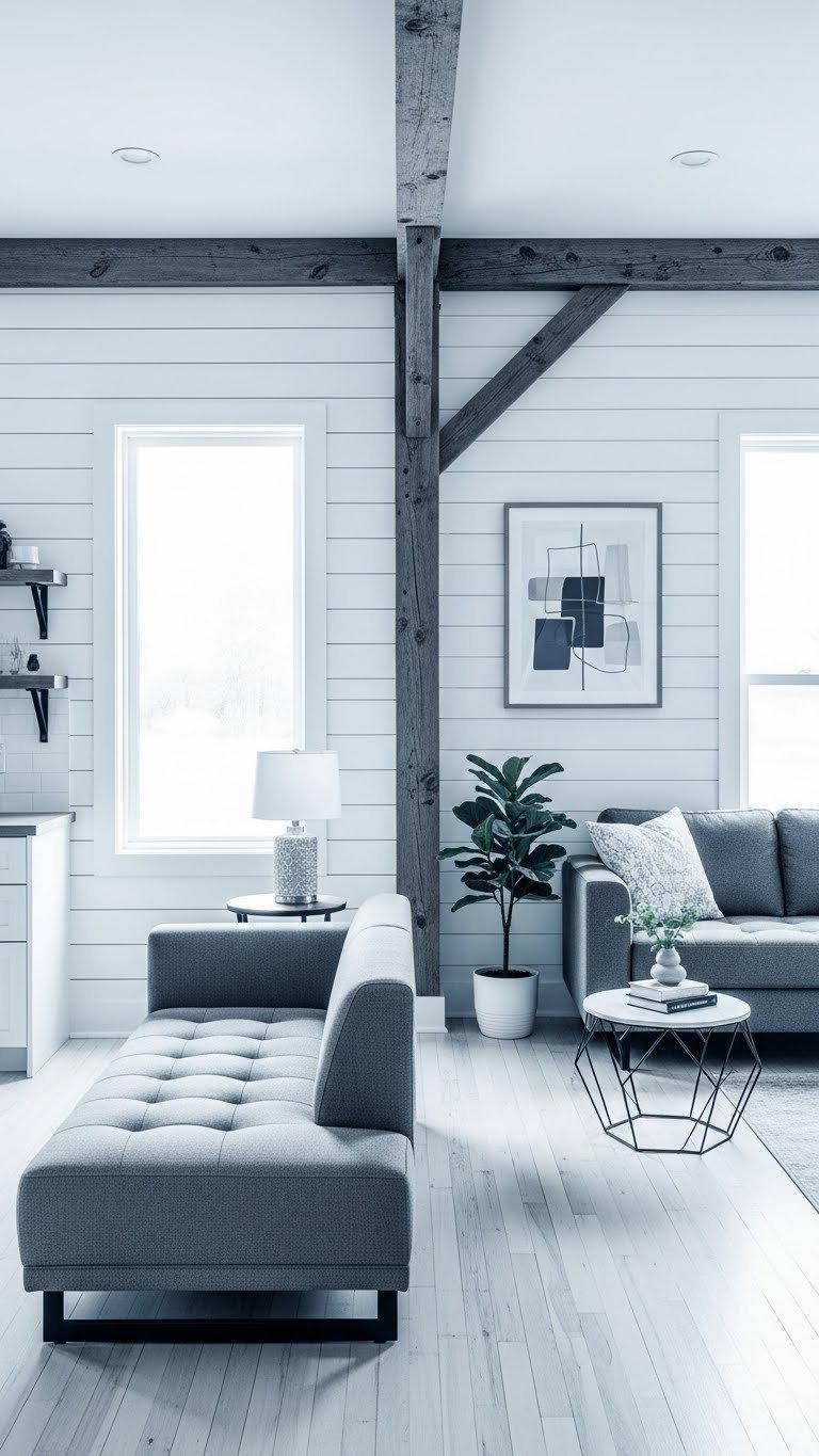 Modern rustic open concept: gray sectional, shiplap kitchen wall, exposed beams. Light wood floor, bright light.