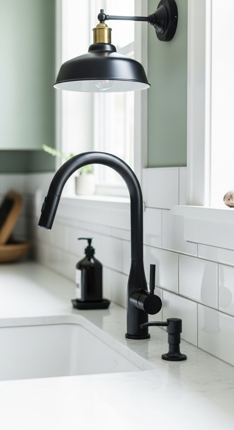 Modern sage green kitchen features a matte black faucet over white sink. High-contrast design for a sophisticated kitchen aesthetic.