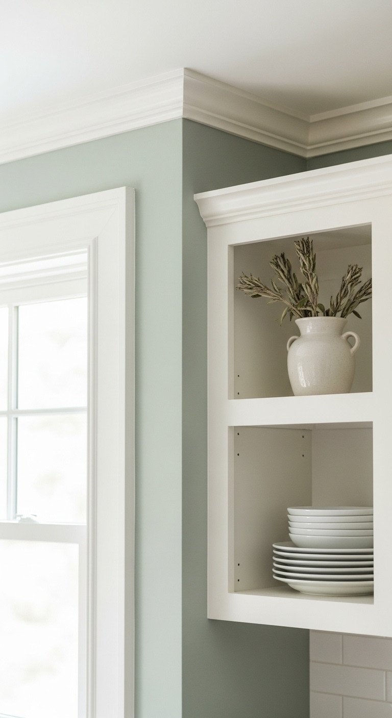 Modern sage green kitchen wall meets warm white trim. Dried sage in ceramic vase, white plates. Inviting kitchen interior design.