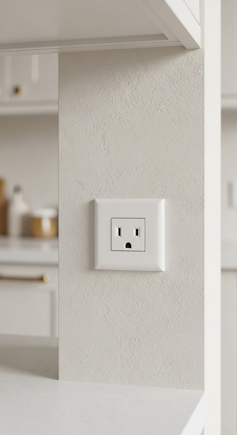 11 Genius Ways To Hide Kitchen Outlets With Flawless Decor 1 Modern screwless outlet cover seamlessly blends into a warm cream minimalist kitchen wall, bathed in bright daylight.