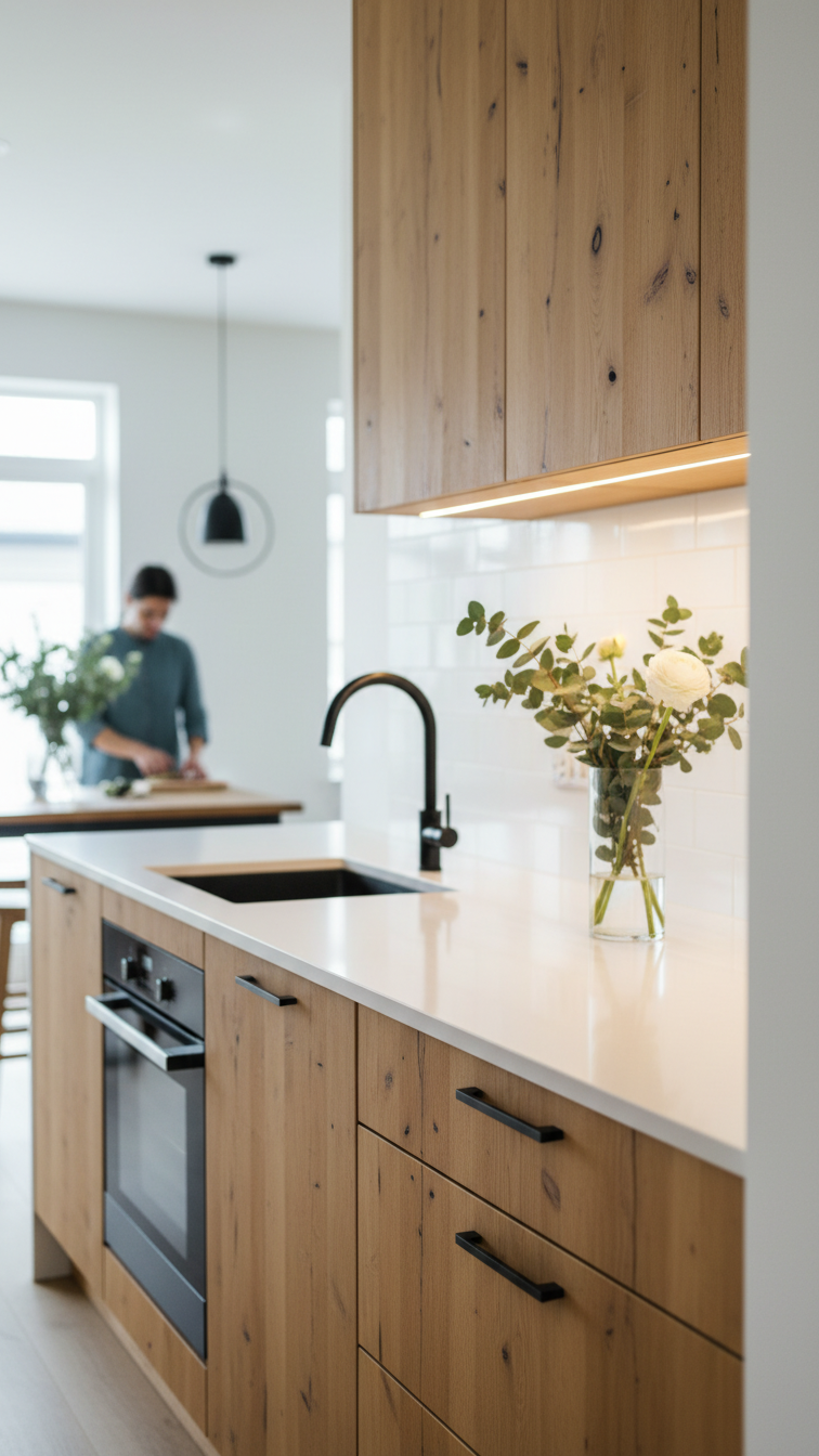 Modern slab-style kitchen cabinets in warm reclaimed wood tones with sleek black hardware, integrated lighting, and stainless steel appliances.