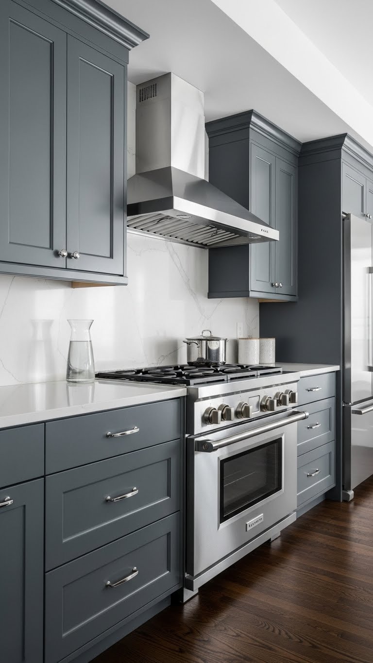 Modern slate gray kitchen with deep gray cabinets, polished chrome handles, sleek stainless steel appliances. Refined design.