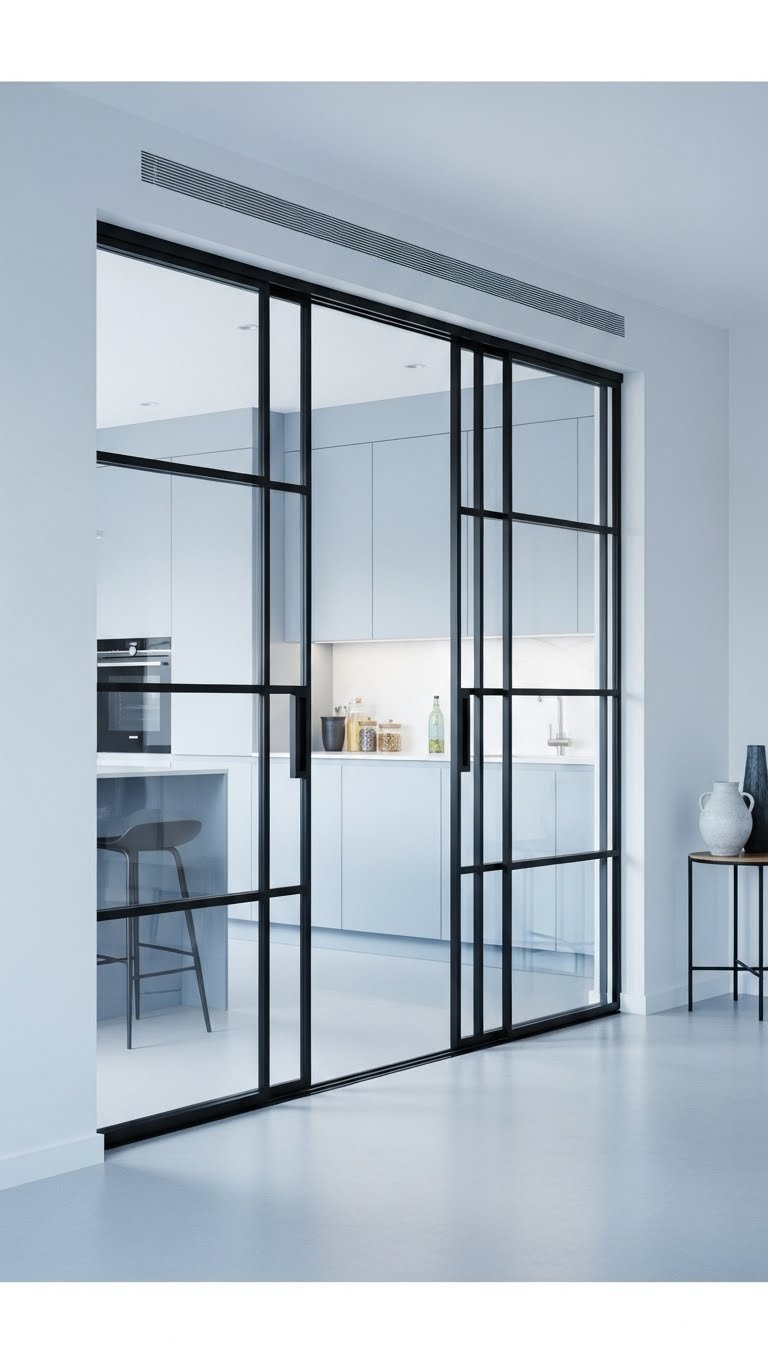 Modern sliding glass panel doors with black metal frame separating open kitchen living room, sleek minimalist design, concrete floor.