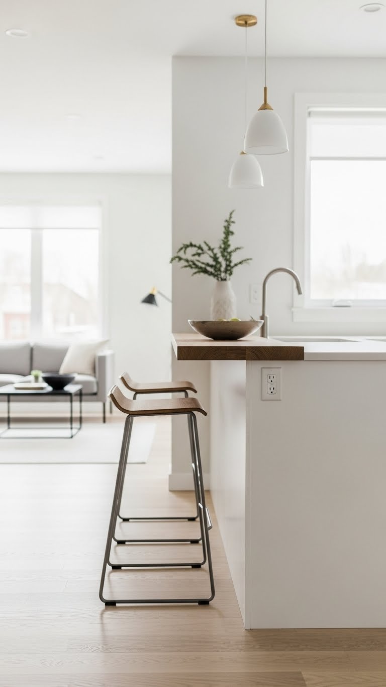 Modern slimline kitchen island, waterfall countertop, two metal bar stools, light wood floors in a minimalist open-concept kitchen.