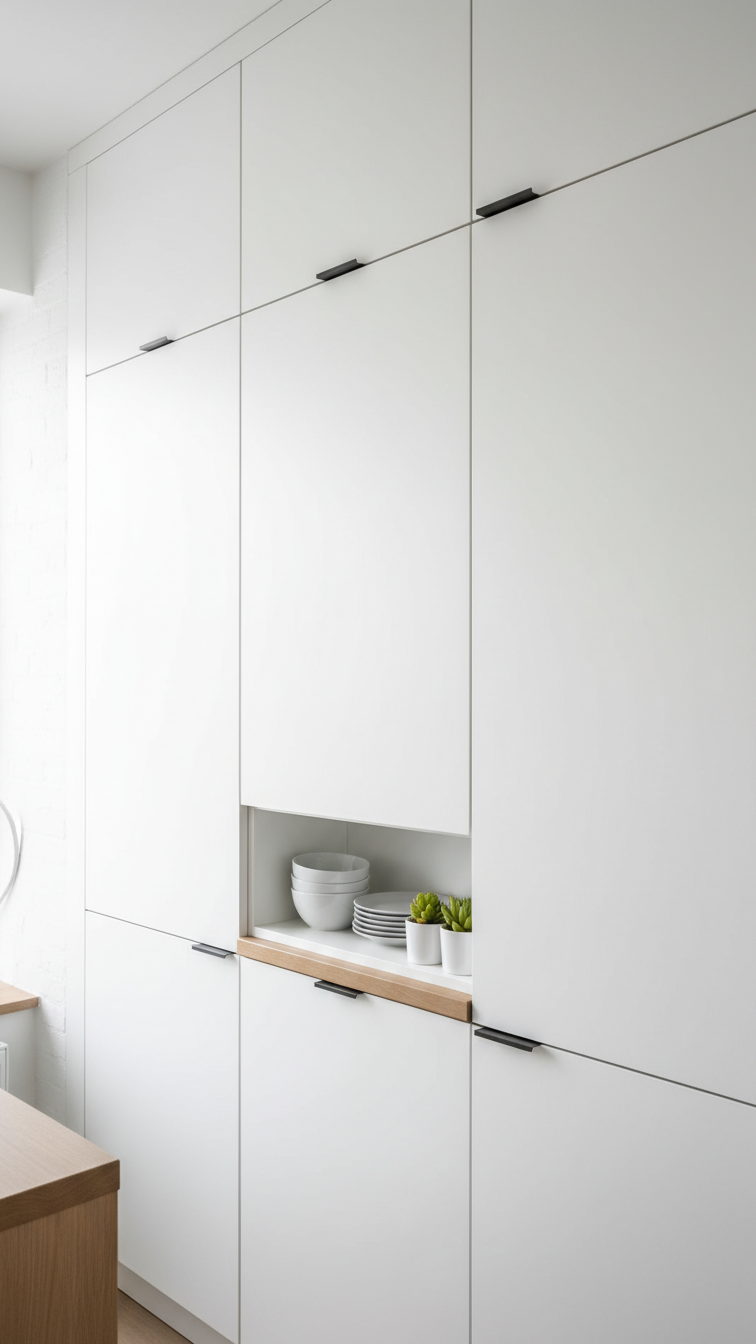Modern small kitchen features sleek, floor-to-ceiling vertical storage with handleless white cabinets and light wood countertop, maximizing space.