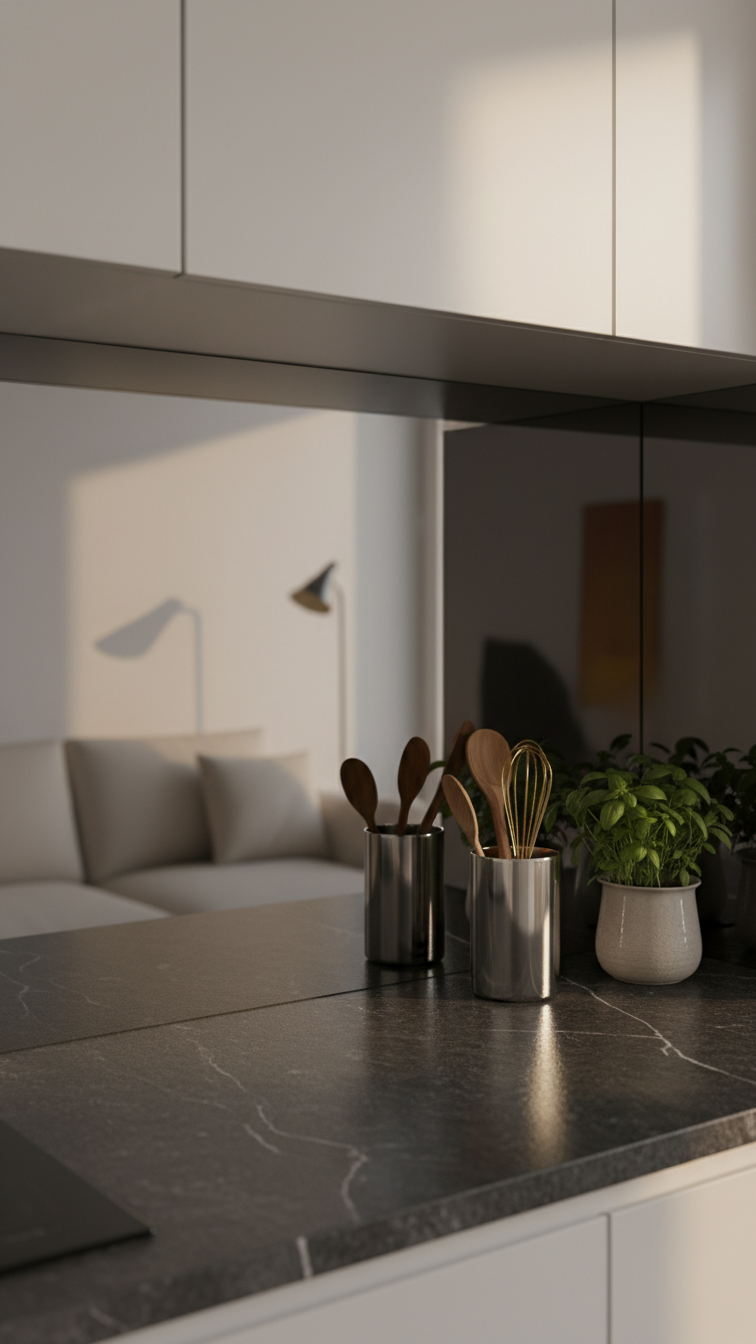 Modern small kitchen with reflective backsplash creating depth illusion, herbs, utensil holder on dark counter.