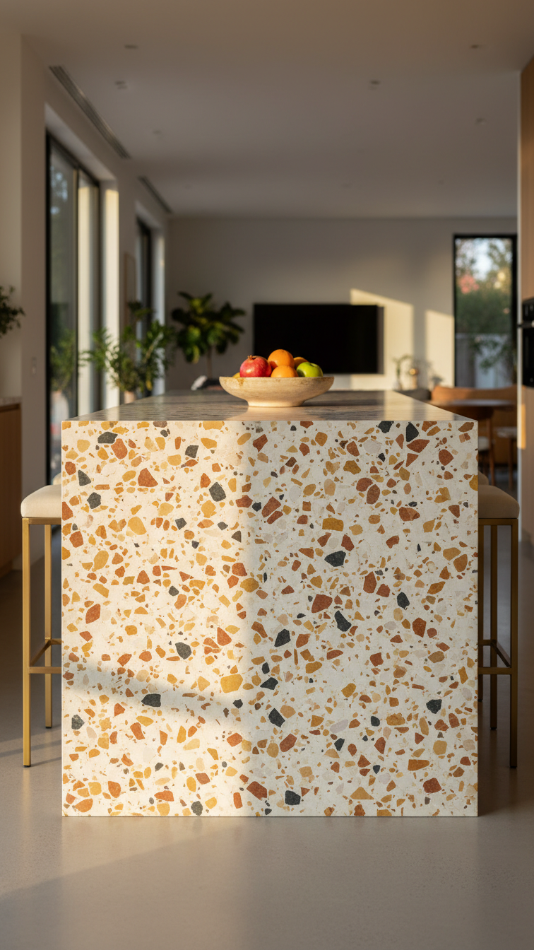Modern terrazzo kitchen island with dramatic waterfall edge, unique patterns, warm golden light, and stylish brass bar stools.