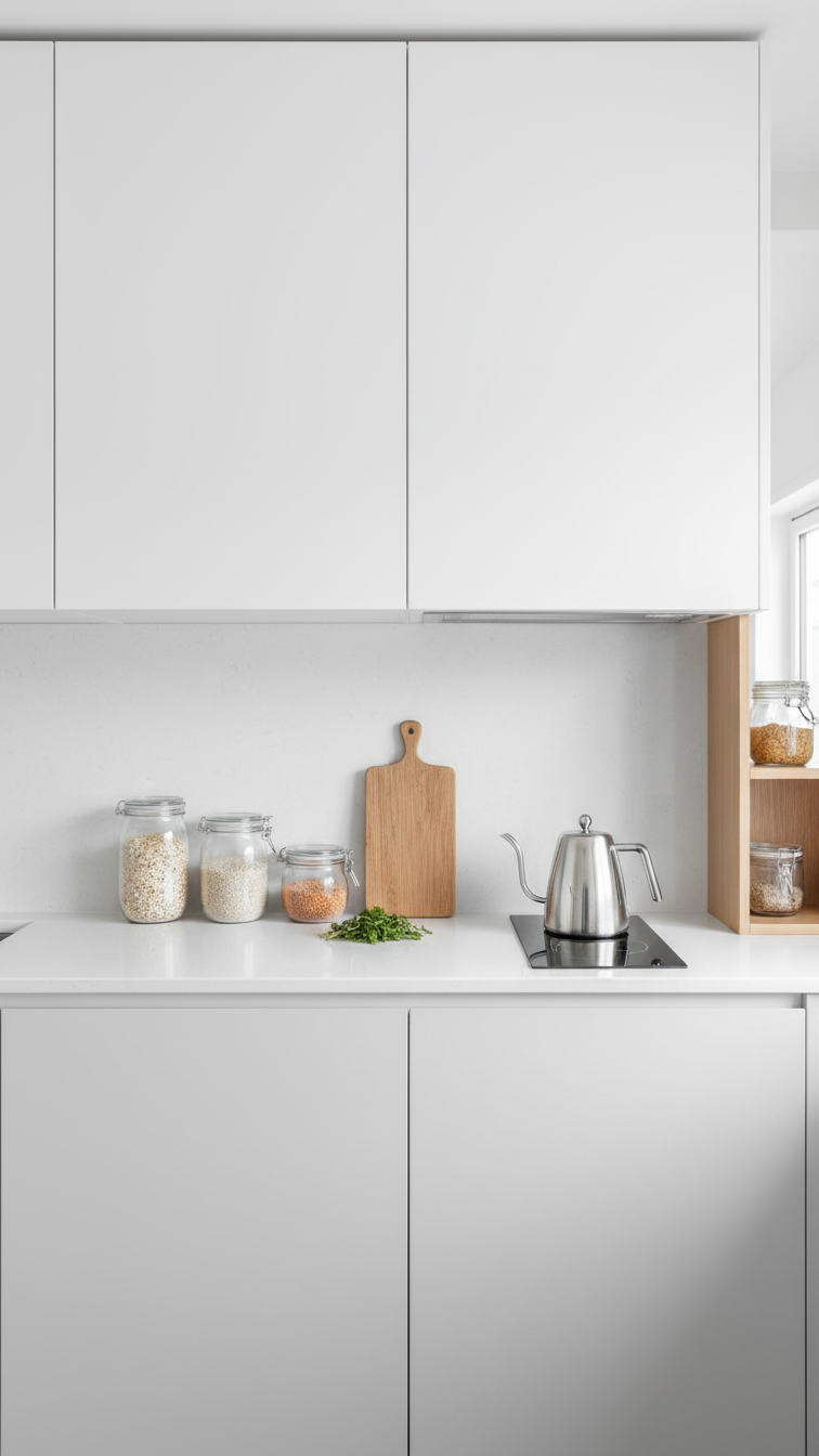 Modern tiny kitchen with bright white and light gray palette, seamless cabinets, light quartz countertop, creating spaciousness.