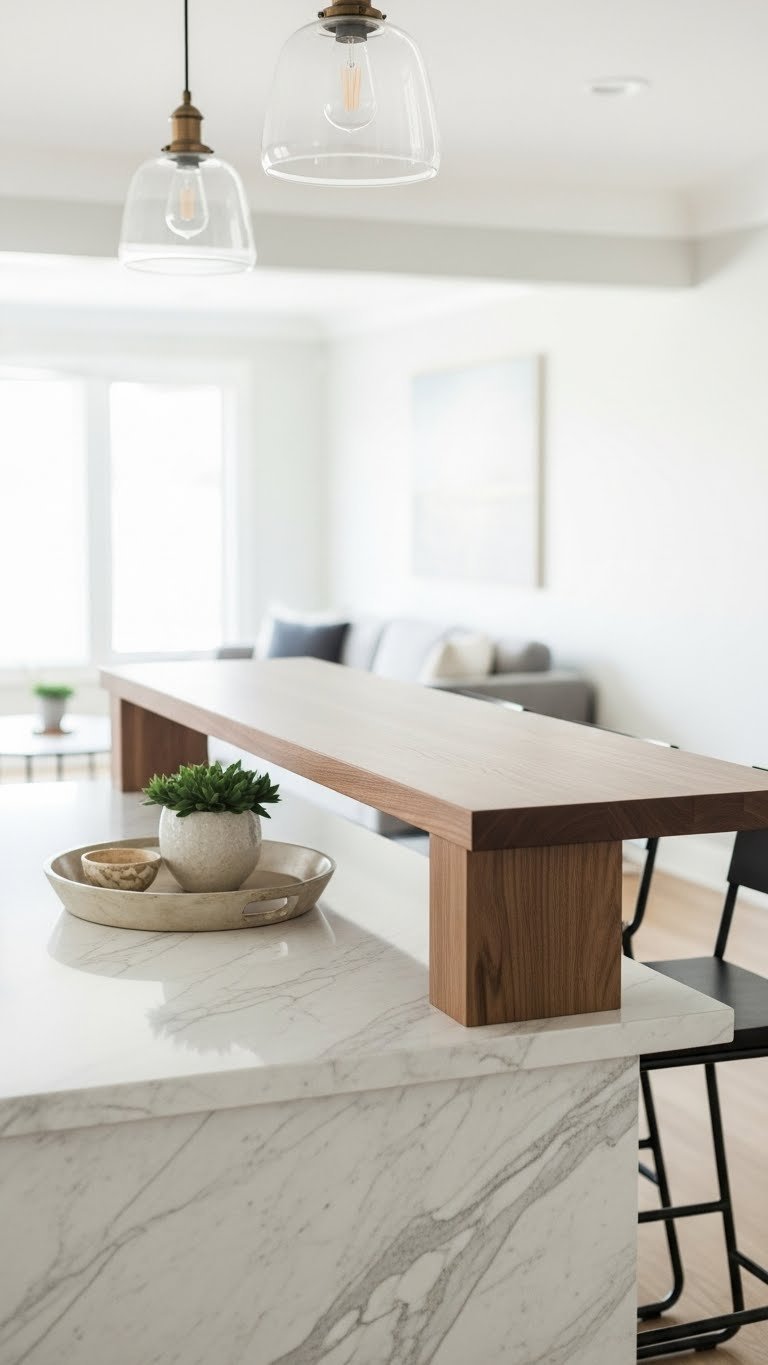 9 Island Design Ideas For Open Kitchen Living Room 1 Modern two-tier kitchen island featuring a marble cooking surface, walnut breakfast bar, and sleek bar stools in an open-concept living space.