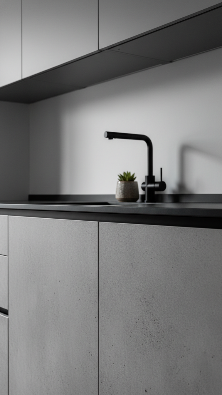 Modern two-tone kitchen: concrete-effect lower cabinets, matte gray uppers, black composite countertop, industrial style, black faucet.