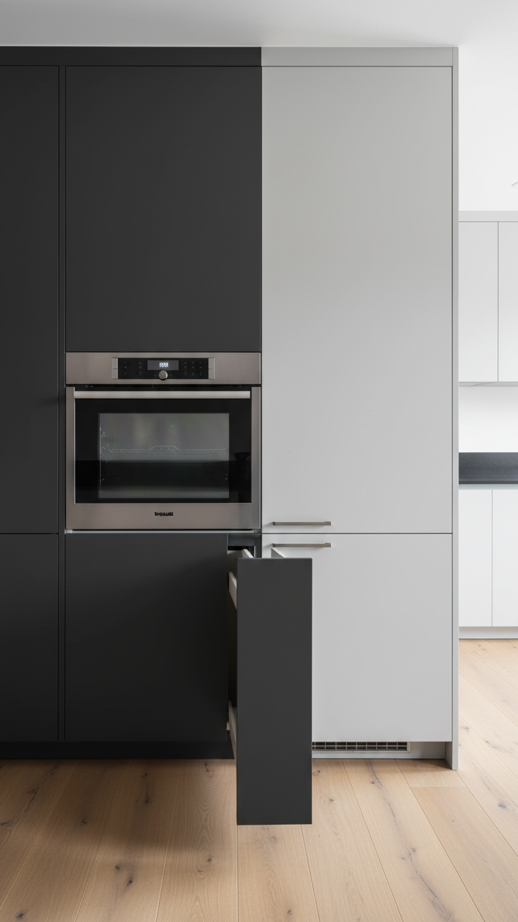 Modern two-tone kitchen: floor-to-ceiling charcoal and light gray cabinets, built-in oven, minimalist design, chrome pulls.