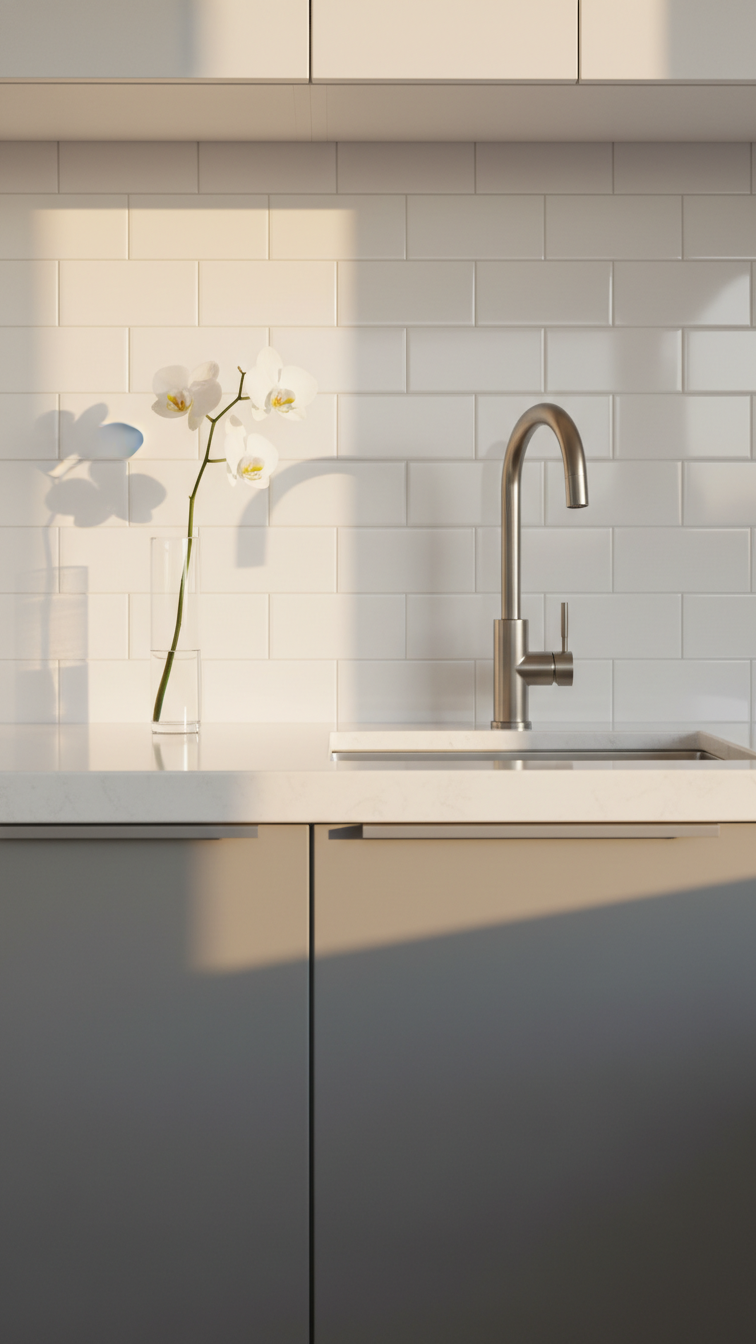 Modern two-tone kitchen: ultra-matte gray cabinets, glossy white tile backsplash, clean white counter, brushed steel faucet.