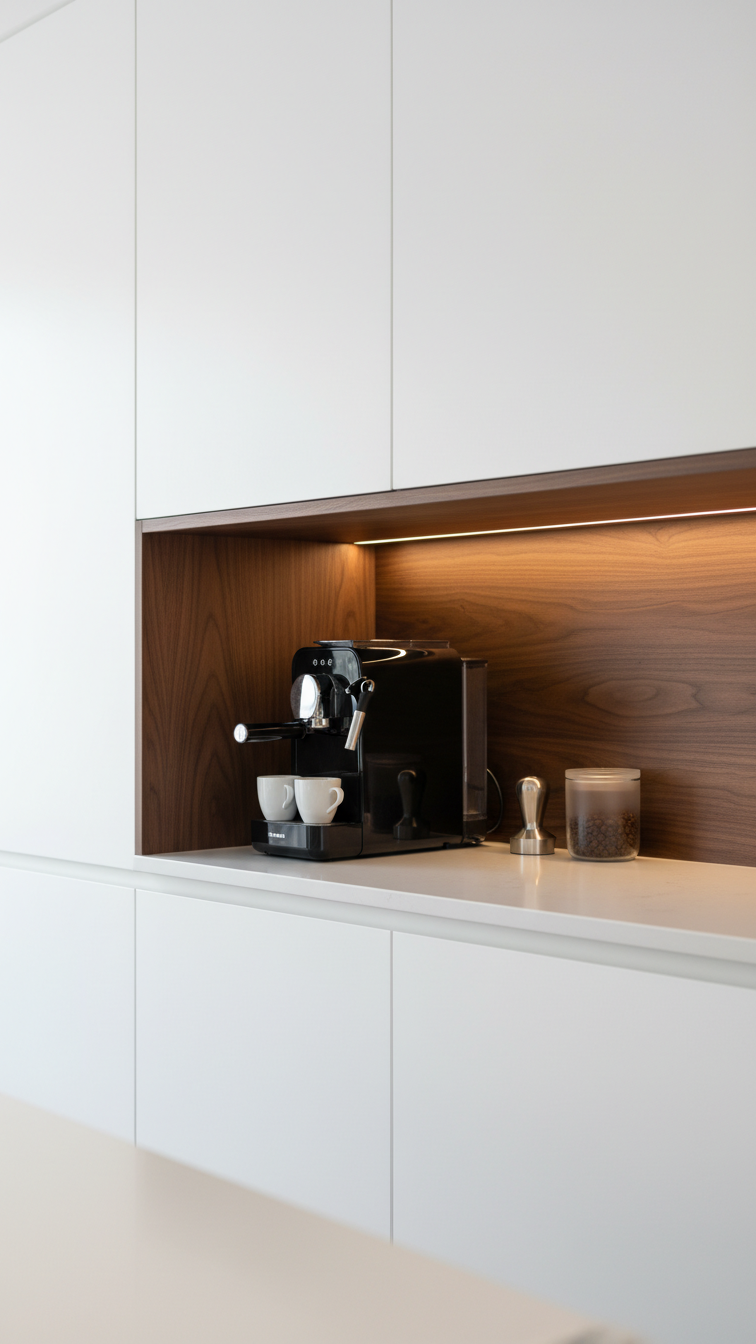 Modern two-tone kitchen: white cabinets with a black horizontal niche, white quartz counter, LED lighting, espresso machine.