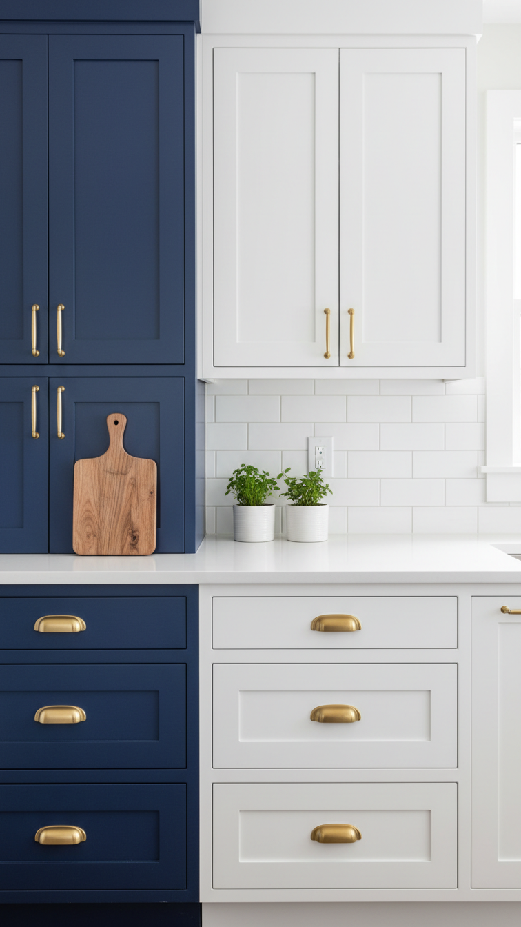 Modern two-tone kitchen: white cabinets with a bold emerald green color block, white counter, brass hardware, cutting board.