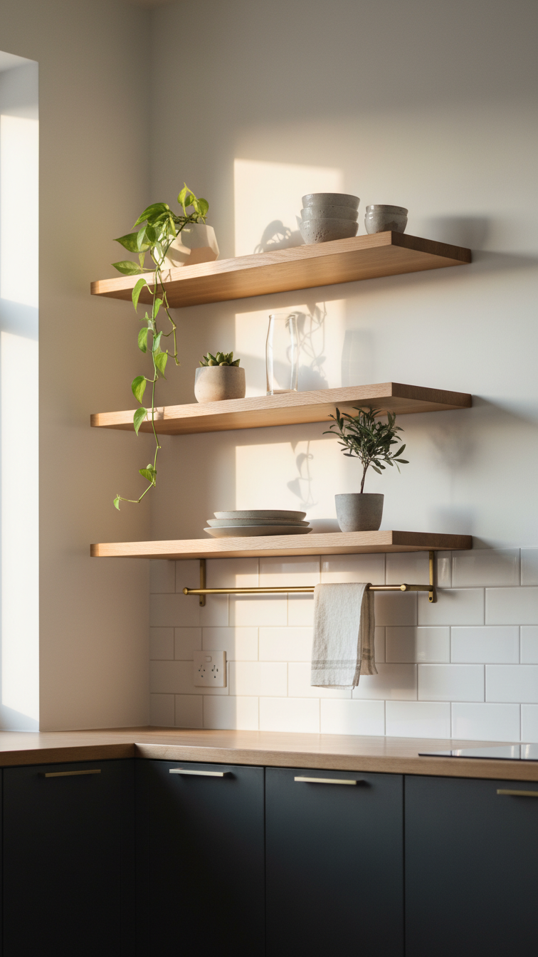 Modern two-tone kitchen with dark gray lower cabinets, light wood open shelving, white subway tile, brass rail.