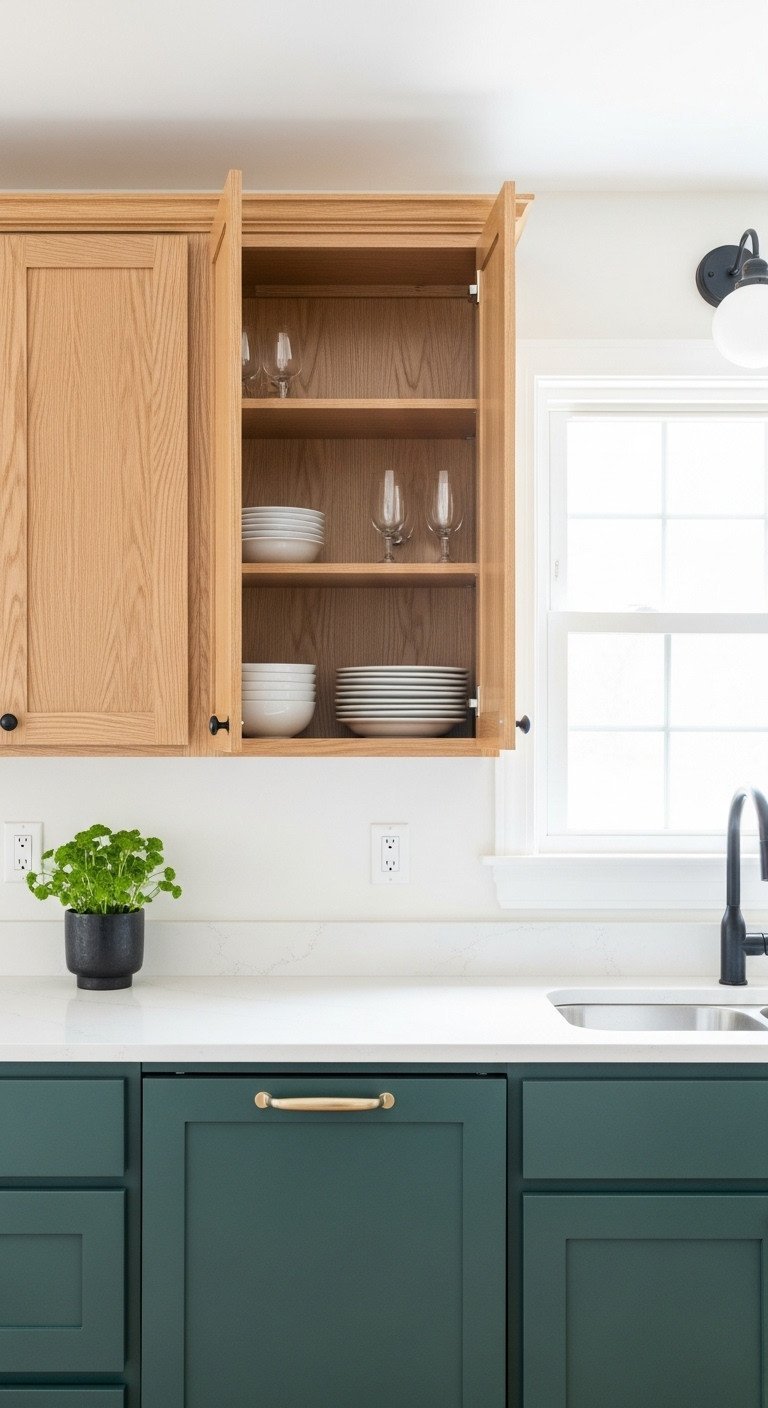 Gorgeous Green And Brown Kitchen Ideas That Wont Look Dark 7 Modern two-tone kitchen with dark green lower cabinets and light wood open uppers, divided by a white quartz countertop.