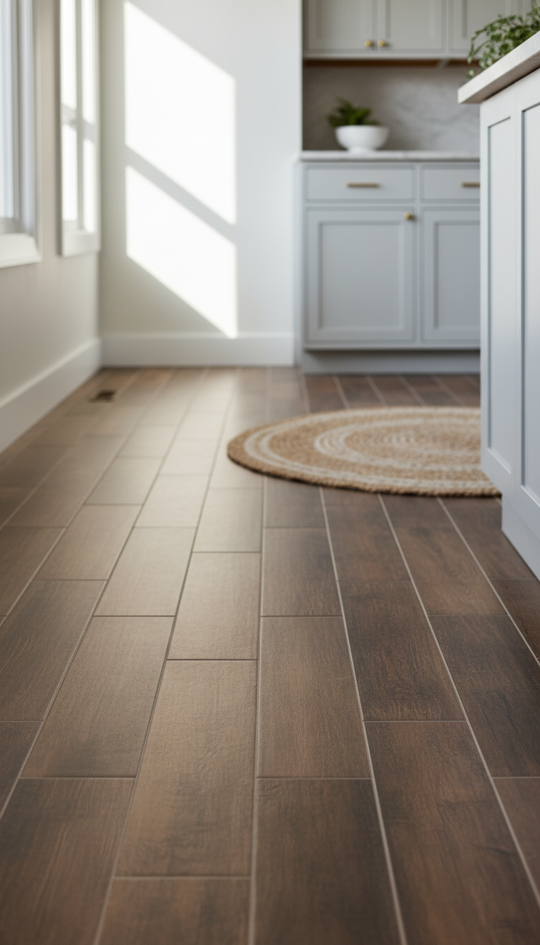 Modern warm kitchen floor with plank wood-look porcelain tiles, offering wood warmth and tile durability. Features white shaker cabinetry.
