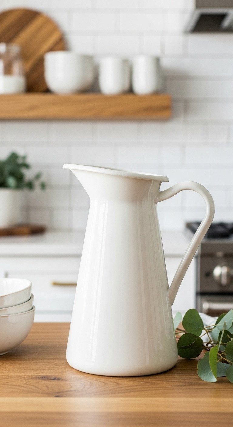 Modern white ceramic pitcher on a rustic oak floating shelf with a eucalyptus sprig and white subway tile background.