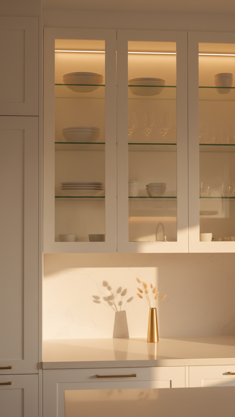 Modern white flat-panel kitchen cabinets with glass doors, internal LED lighting, and displayed dishware, creating an elegant, transparent look.