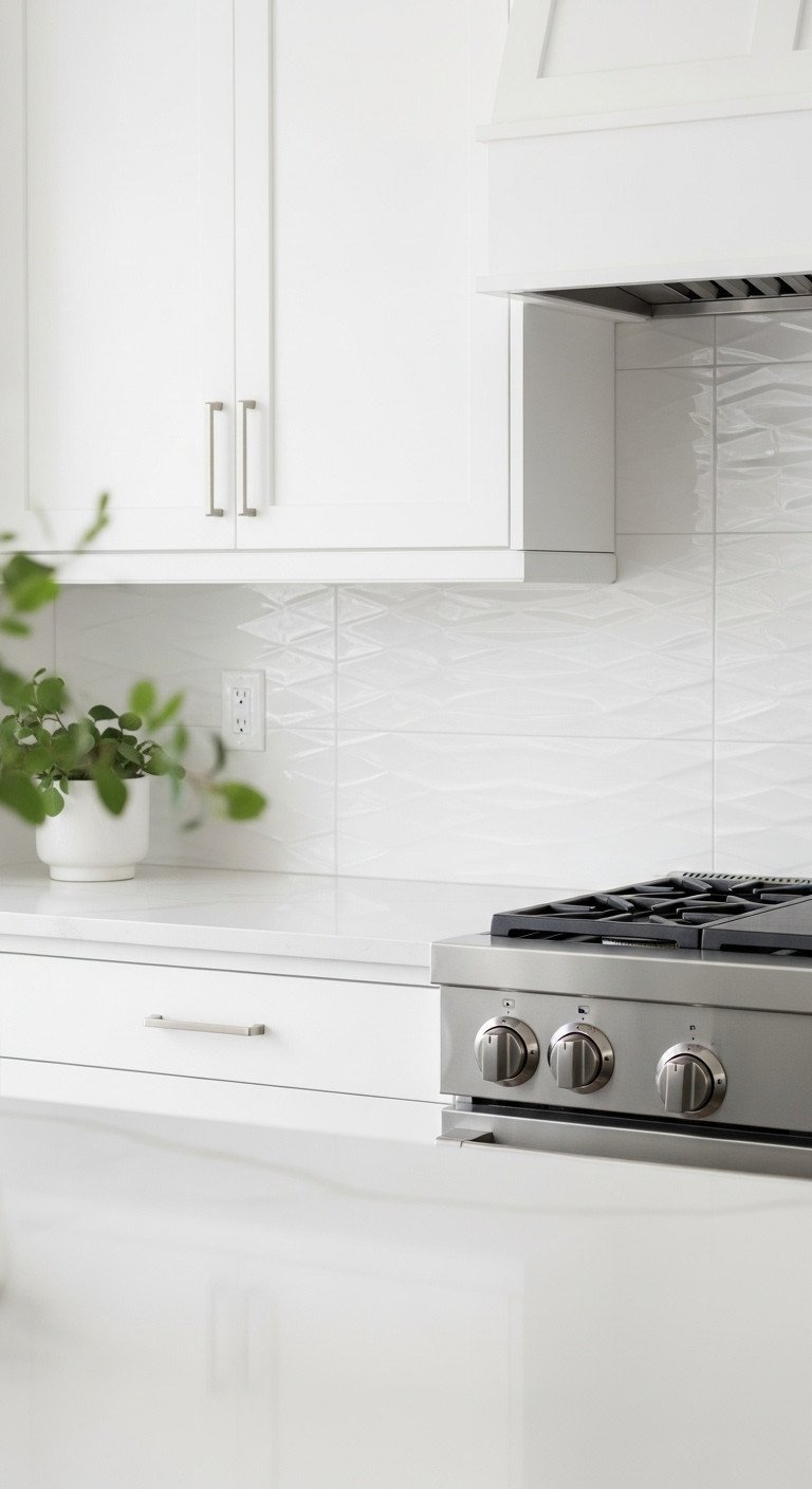 Modern white kitchen backsplash featuring 3D ceramic tile with subtle waves, stainless steel range, and white quartz countertop, enhanced by fresh greenery.