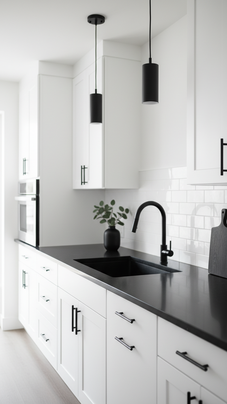Modern white kitchen design with high-contrast black accents. White cabinets, matte black countertop, black pull hardware, faucet, and pendant lights.
