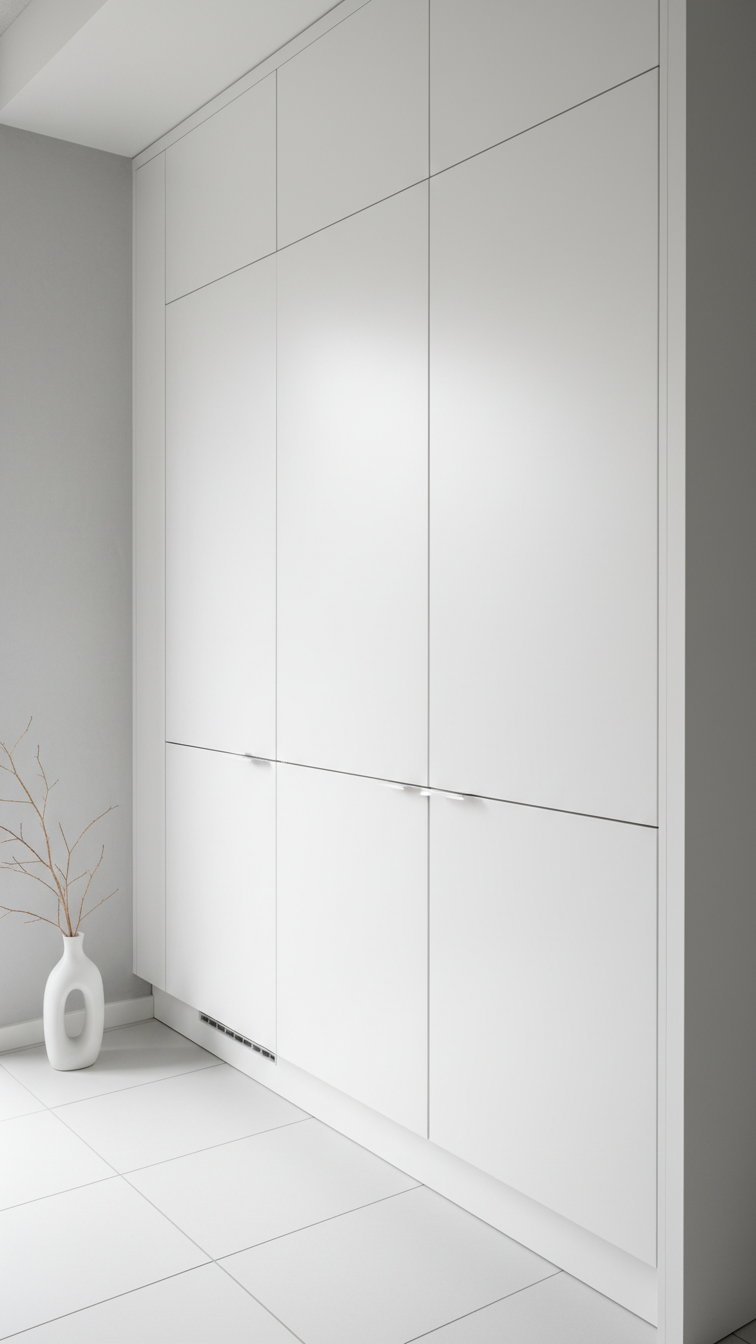 Modern white kitchen featuring flat-front, handleless slab cabinetry, integrated refrigerator, and tall pantry. Clean minimalist design with white tile floor and a vase.