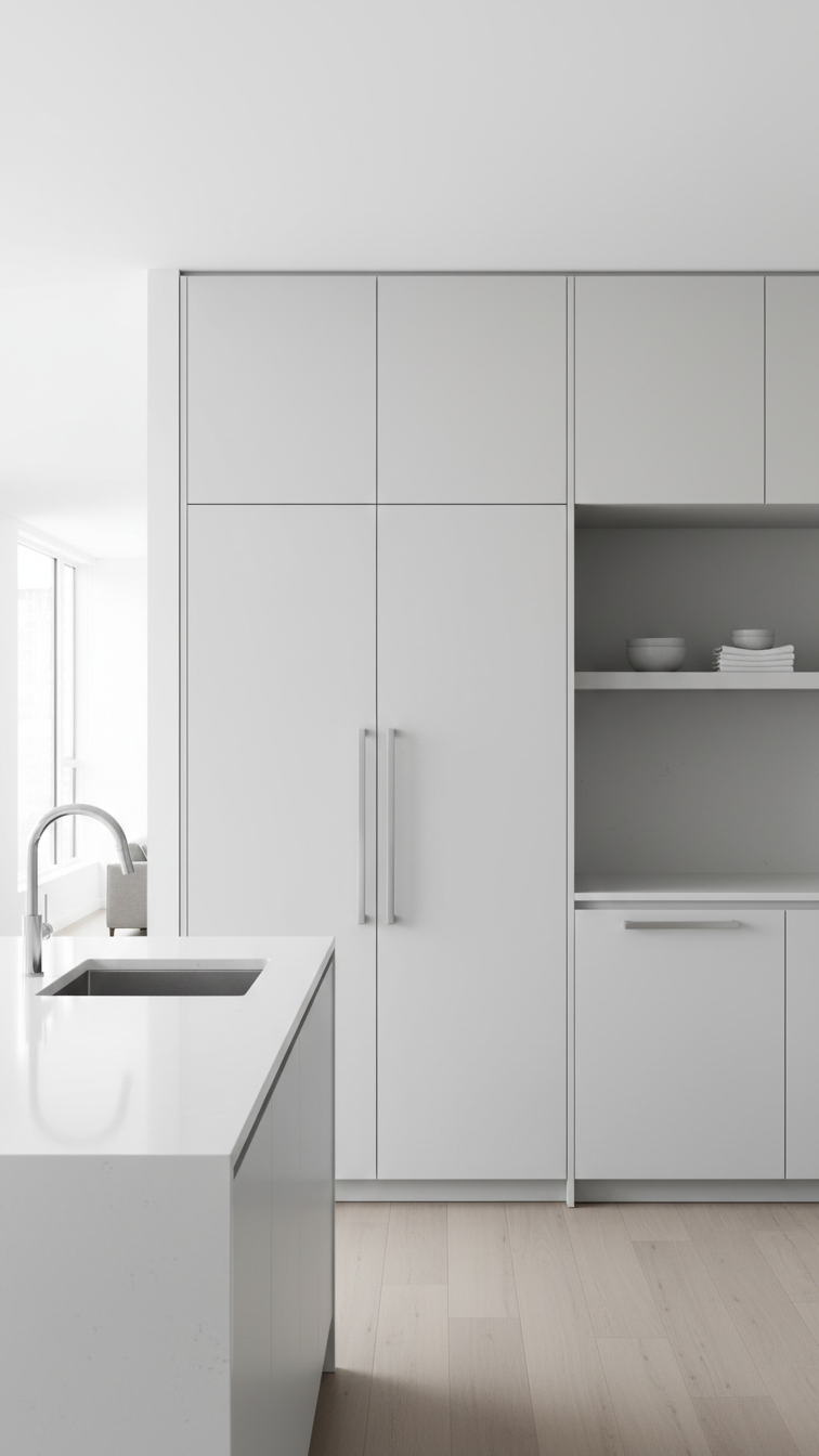 Modern white kitchen featuring integrated refrigerator and dishwasher behind sleek flat-panel cabinet doors, creating a seamless, minimalist design wall.