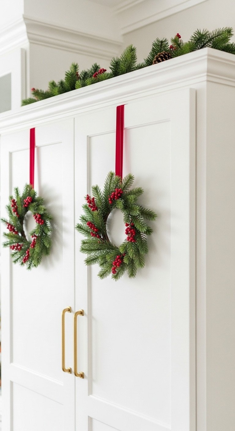 Modern white kitchen featuring small faux pine wreaths on shaker cabinet doors with crimson velvet ribbons, gold hardware. Cozy holiday decor.