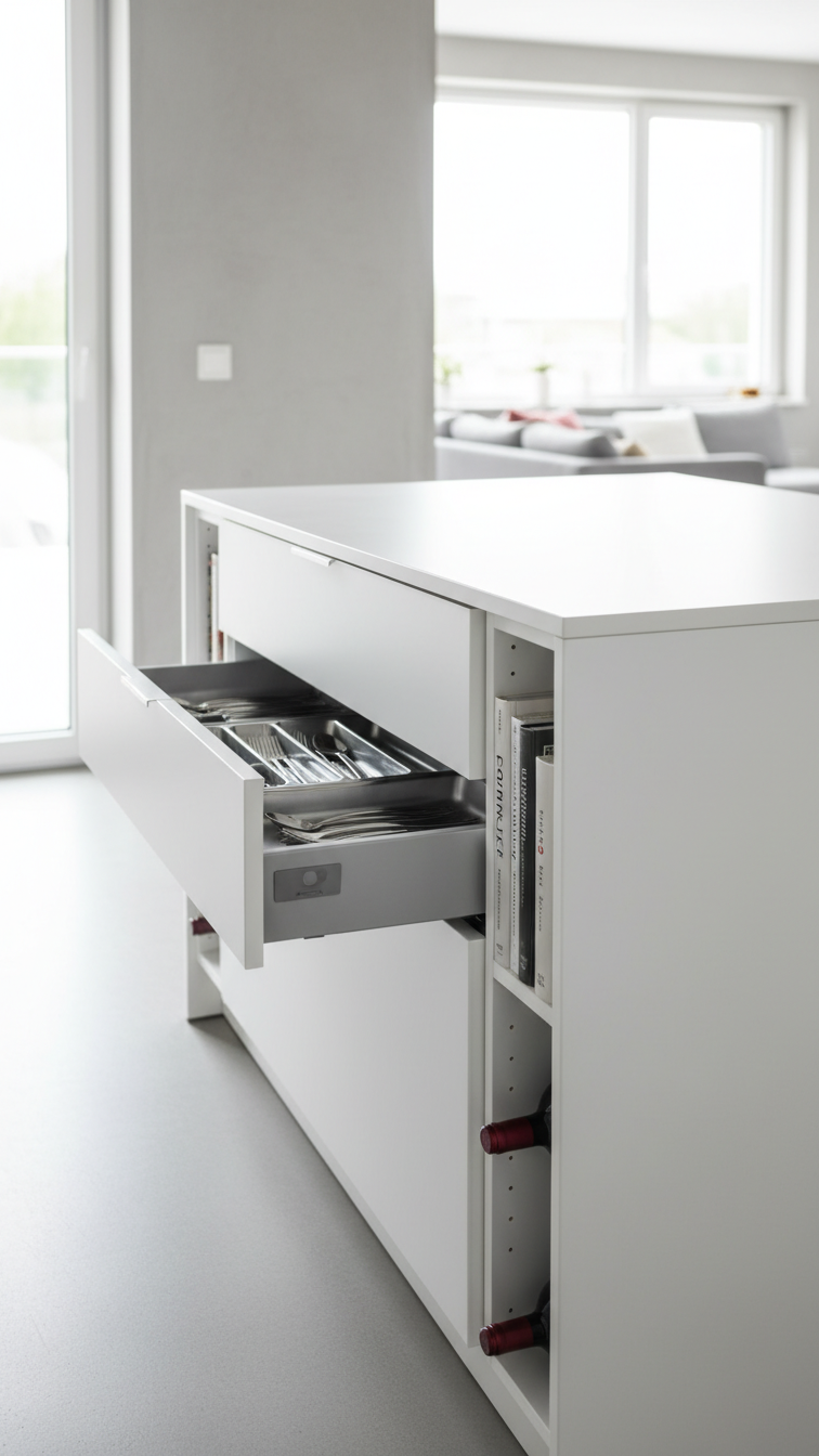Modern white kitchen island with vertical storage, sleek handleless drawers, and a built-in bookshelf, showing organized interior.