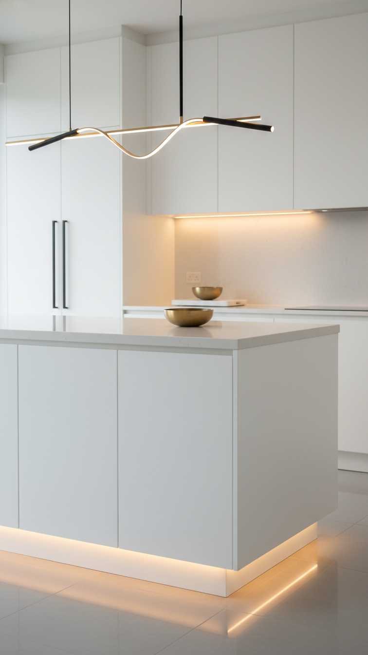 Modern white kitchen with integrated lighting: under-cabinet, toe-kick, and sculptural pendant over island. Creates bright, elegant ambiance.