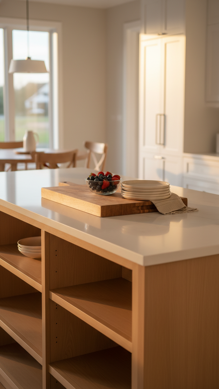 Modern white kitchen with natural wood island, white slab cabinetry, and quartz countertop. Cozy design with fruit bowl and blurred dining area.