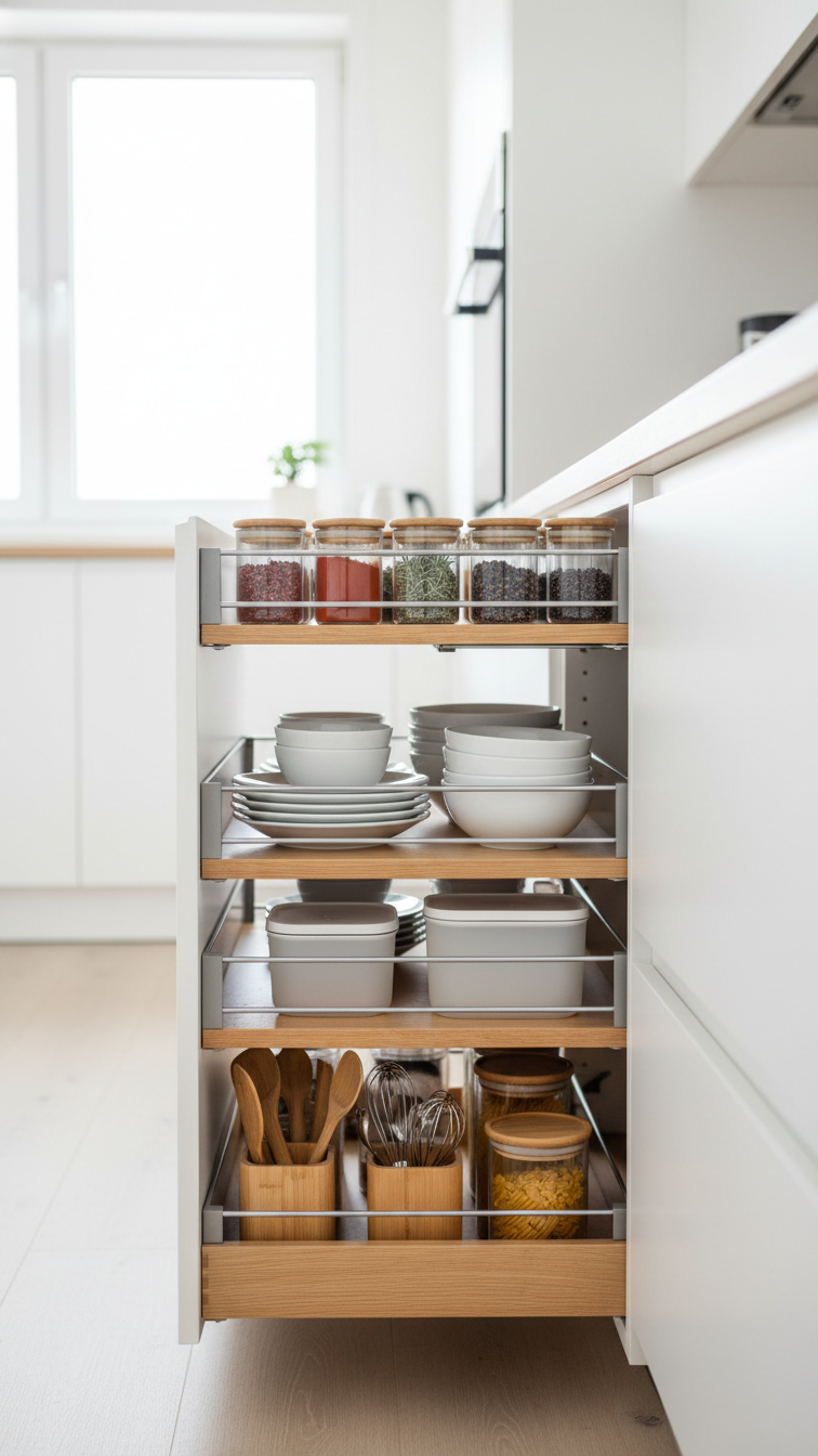 Modern white kitchen with optimized storage: a pull-out pantry organizing spices, dishes, glass containers, and wood-lined drawers. Maximizes space.