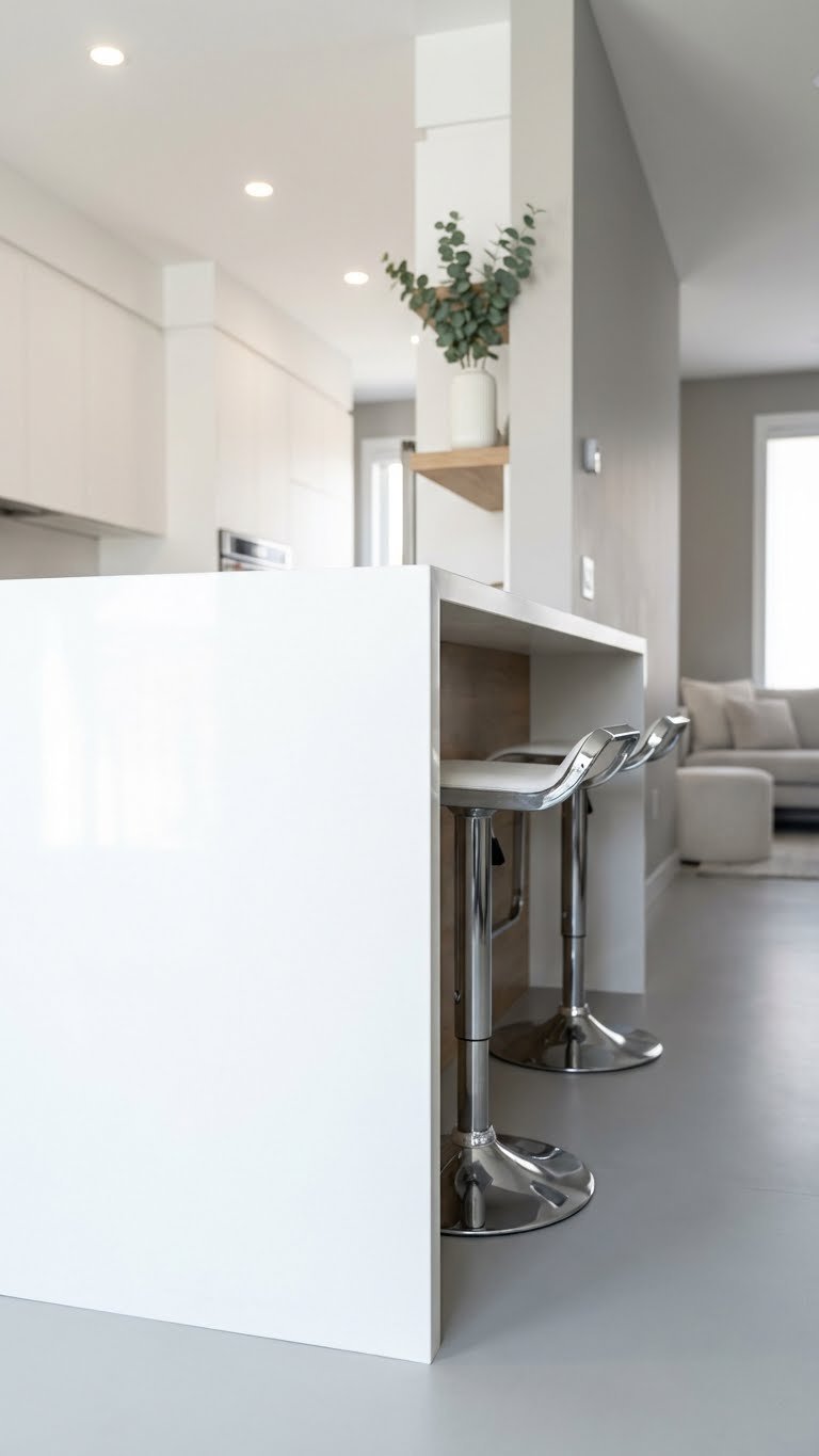 Modern white quartz waterfall bar counter seamlessly separates a minimalist kitchen and living room, complemented by sleek chrome stools.