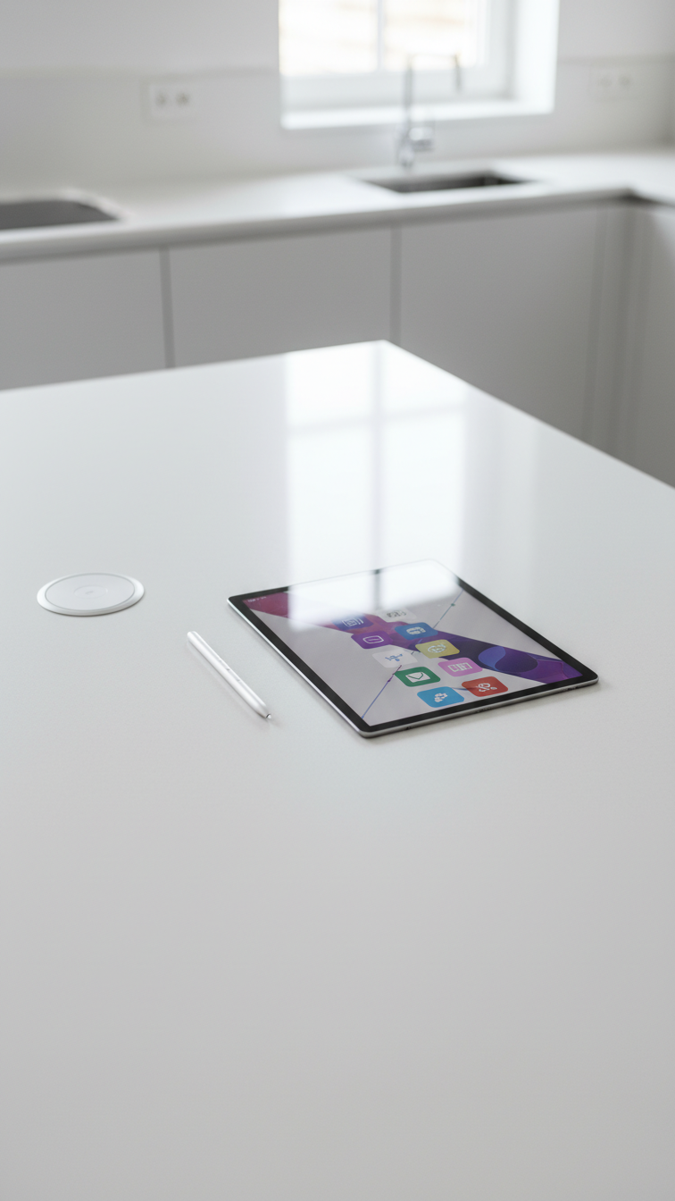 Modern white smart kitchen island with integrated smart hub/tablet flush in countertop, displaying recipe, wireless charging.