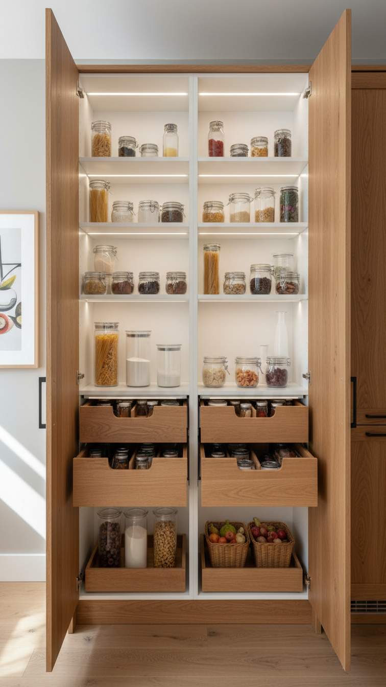 Modern wood pantry cabinets with finger-pull handles, showcasing organized pull-out drawers, storage containers, and dividers.