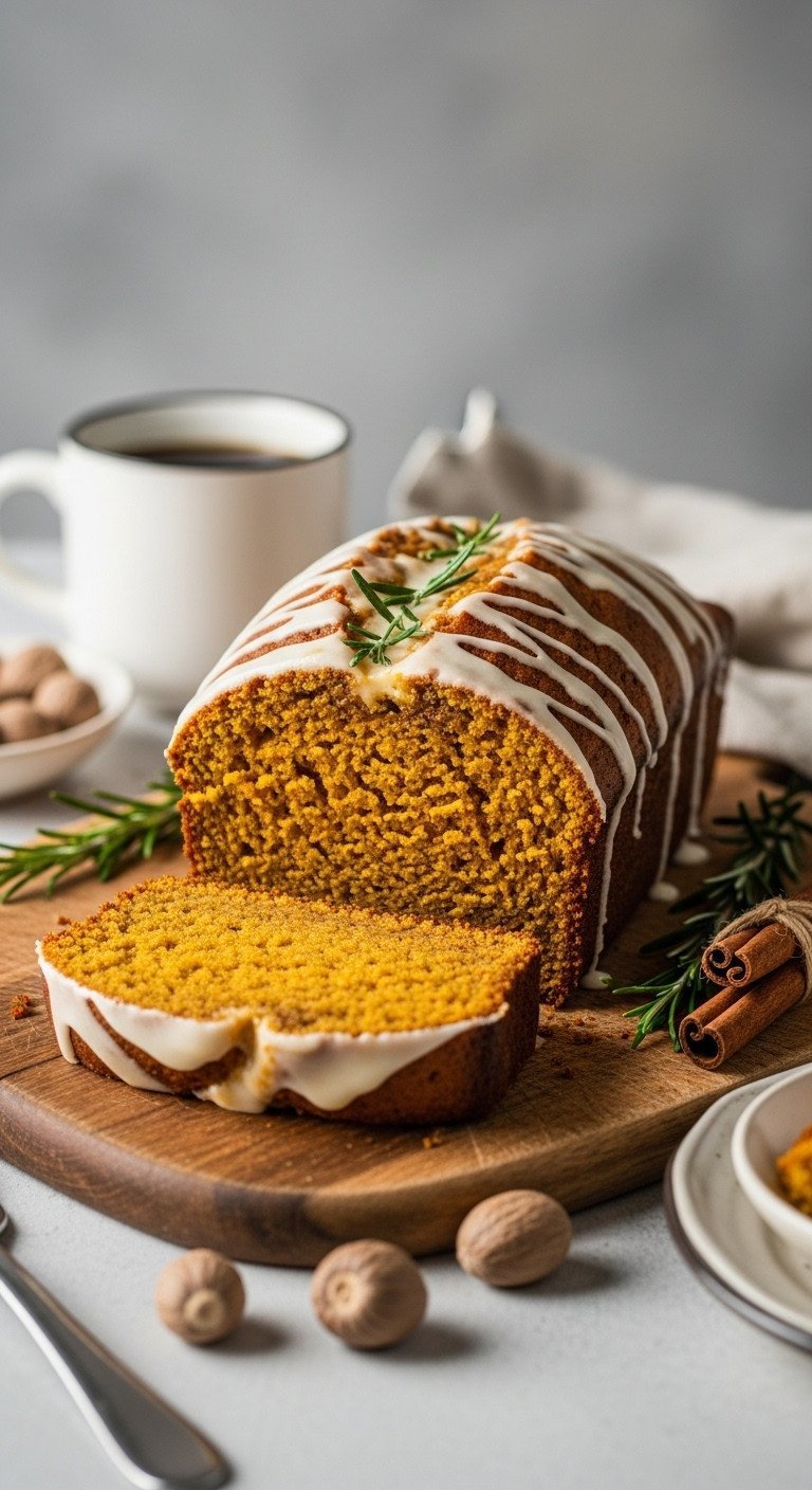 Moist Pumpkin Bread loaf and slice with cream cheese glaze, on a rustic wooden board with spices and coffee.