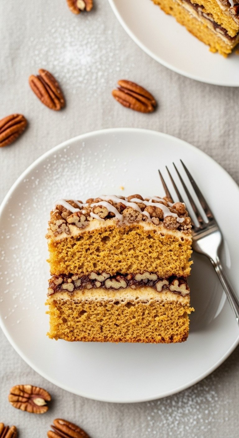 Moist Pumpkin Pecan Streusel Coffee Cake slice with crunchy streusel, light glaze on white plate with pecans.