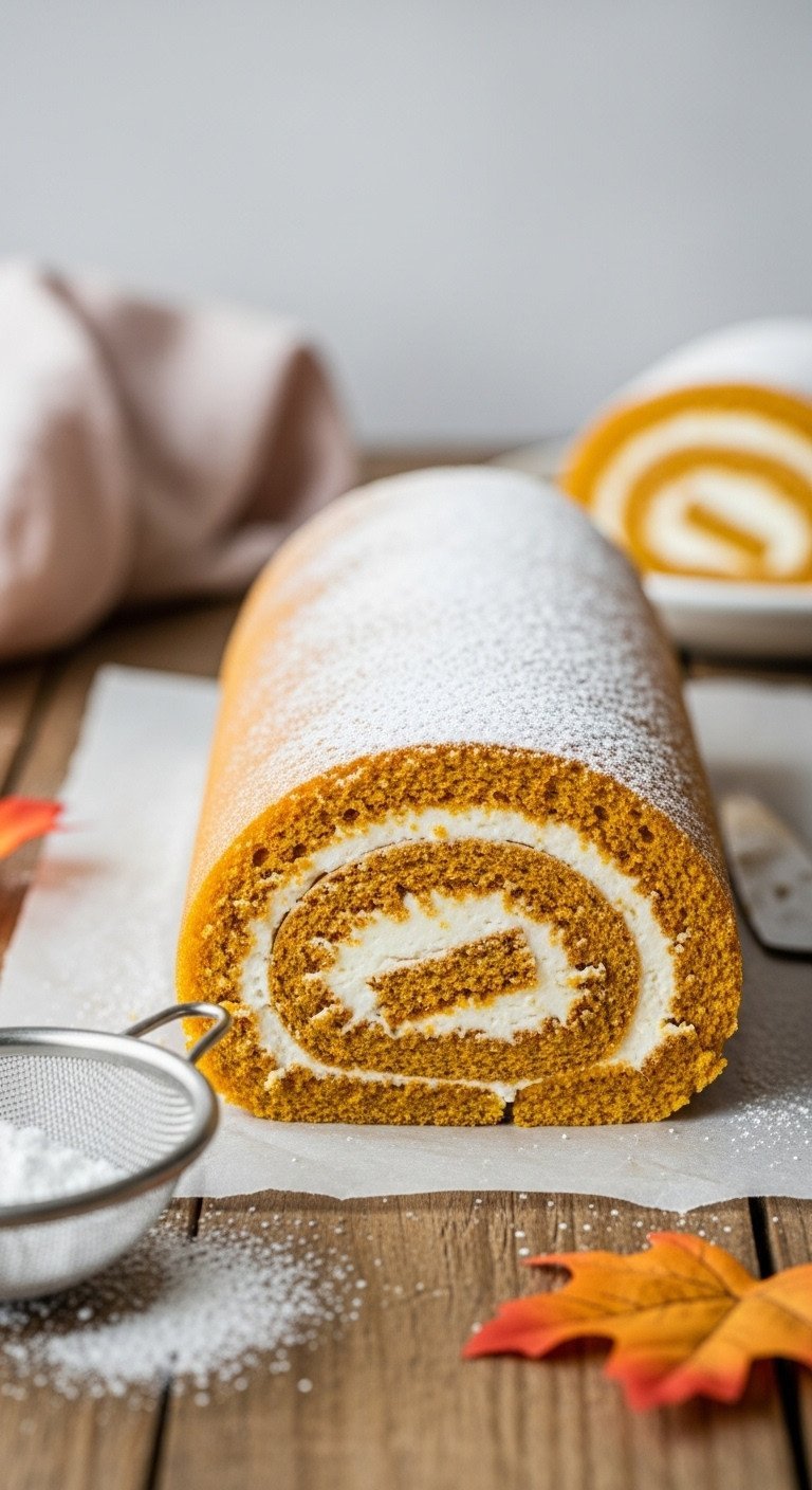 Moist spiced pumpkin roll, tight spiral with thick cream cheese filling, dusted with powdered sugar on rustic table.