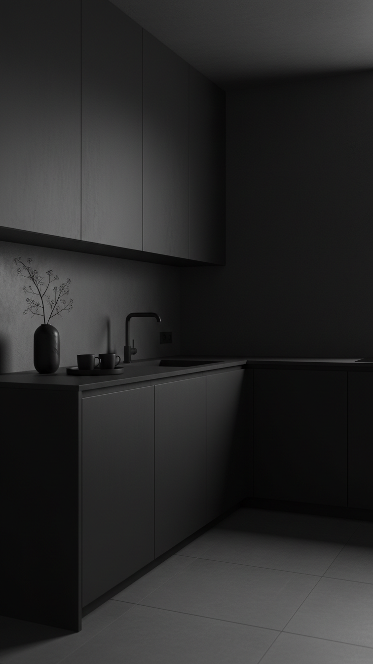 Monochromatic L-shaped kitchen featuring matte black handleless cabinetry and matching counters. Sleek, minimalist design with a modern faucet.