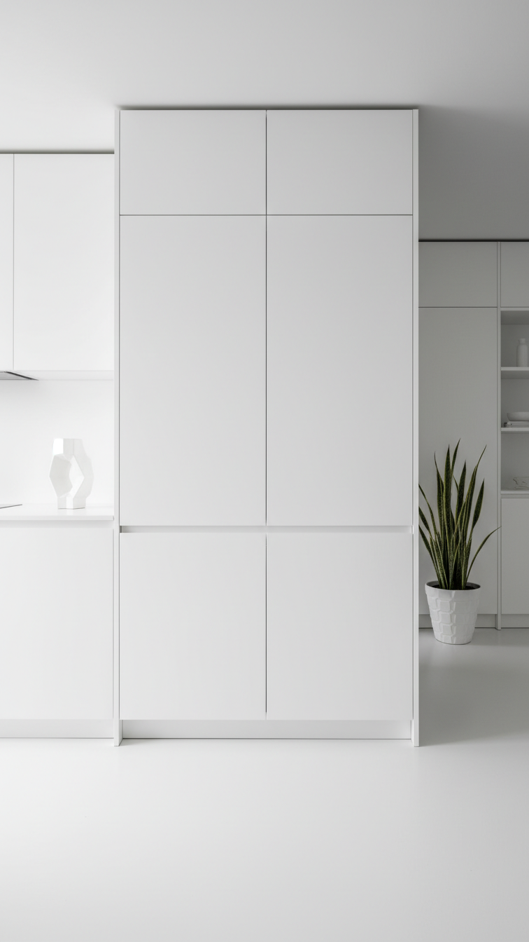 Modern Handleless Kitchen Design: 11 Ideas For Seamless Style 13 Monochromatic all-white handleless kitchen featuring seamless cabinets, countertops, and subtle Gola profile shadow lines. Minimalist design.