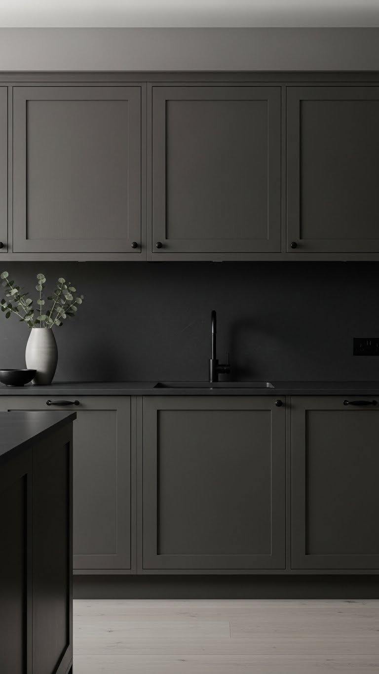 Monochromatic charcoal gray kitchen with seamless cabinets, matching walls, and minimalist black hardware for serenity.